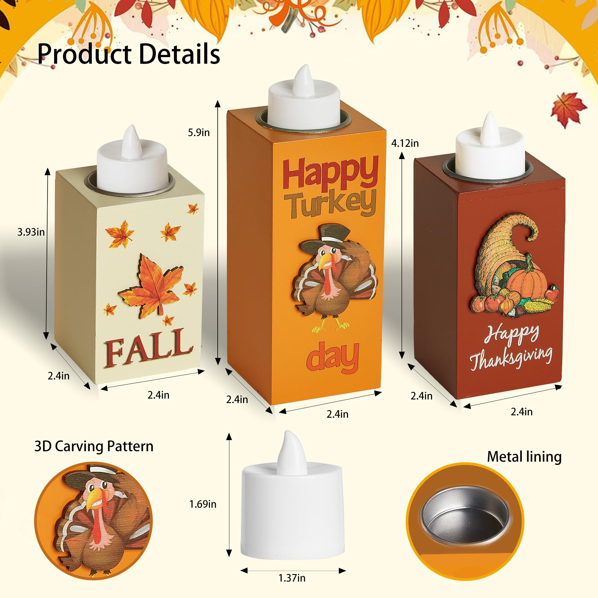 BlcTec Thanksgiving Decorations for Home 3 PCS Wood Candle Holders with LED Tea Lights & 3D Carving Craft, Rustic Candle Centerp