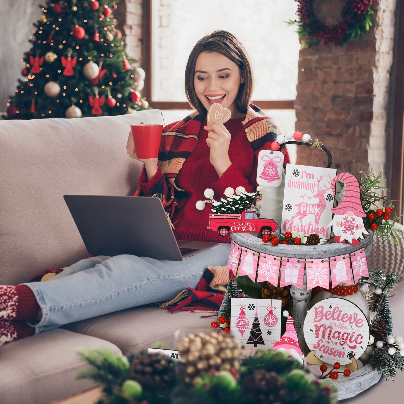 Bucherry 15 Pieces Christmas Tiered Tray Decor Gingerbread Christmas Farmhouse Table Decorations Tiered Tray Xmas Decor Set Wint