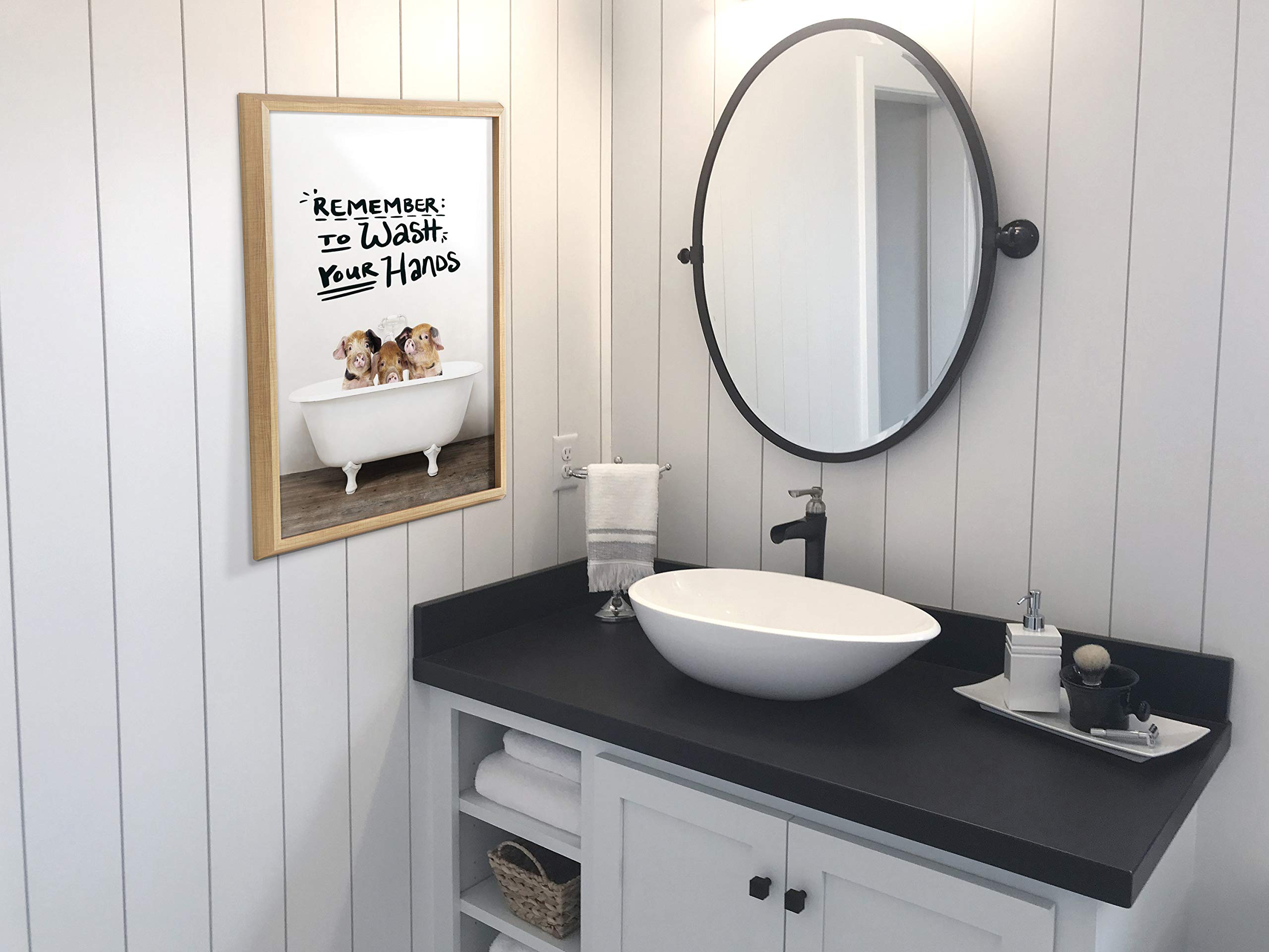 Kate And Laurel Blake Three Little Pigs In Vintage Bathtub Framed Printed Glass Wall Art By Amy Peterson, 18X24 Natural, Adorabl