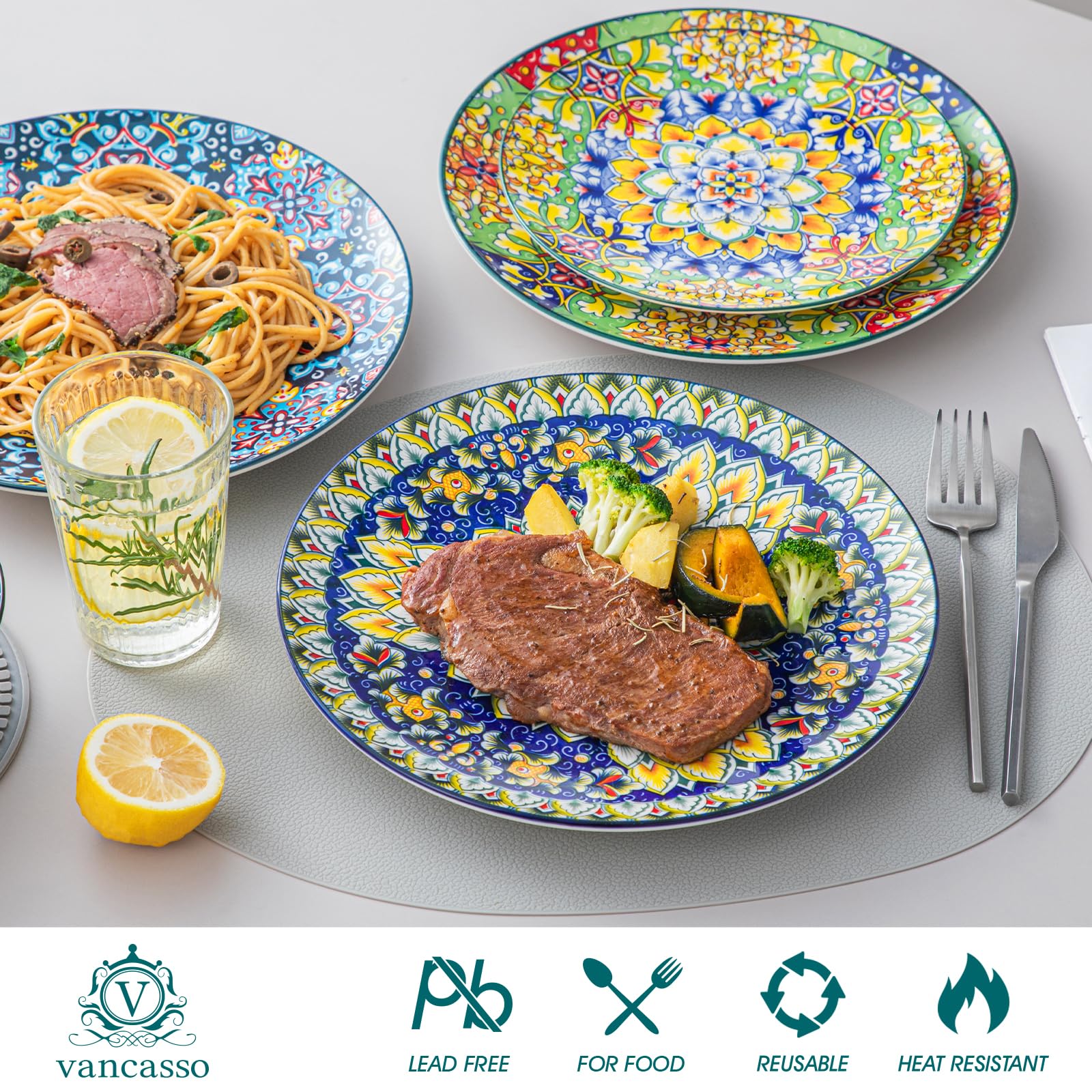 vancasso Dinner Plates Set of 6 - 10.5" Ceramic, Microwave & Dishwasher Safe, Colorful Bohemian Style