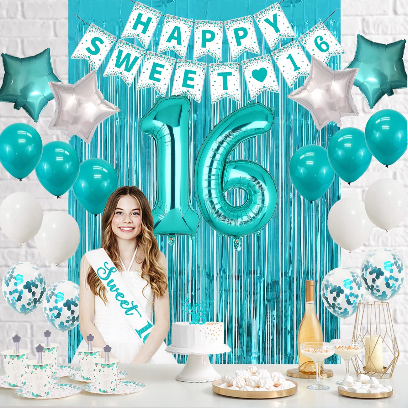 Sweet 16 Party Decorations- Teal Sweet 16 Plates And Napkins Party Supplies For 20 Guests,Teal Blue Balloons,Sweet 16 Birthday S