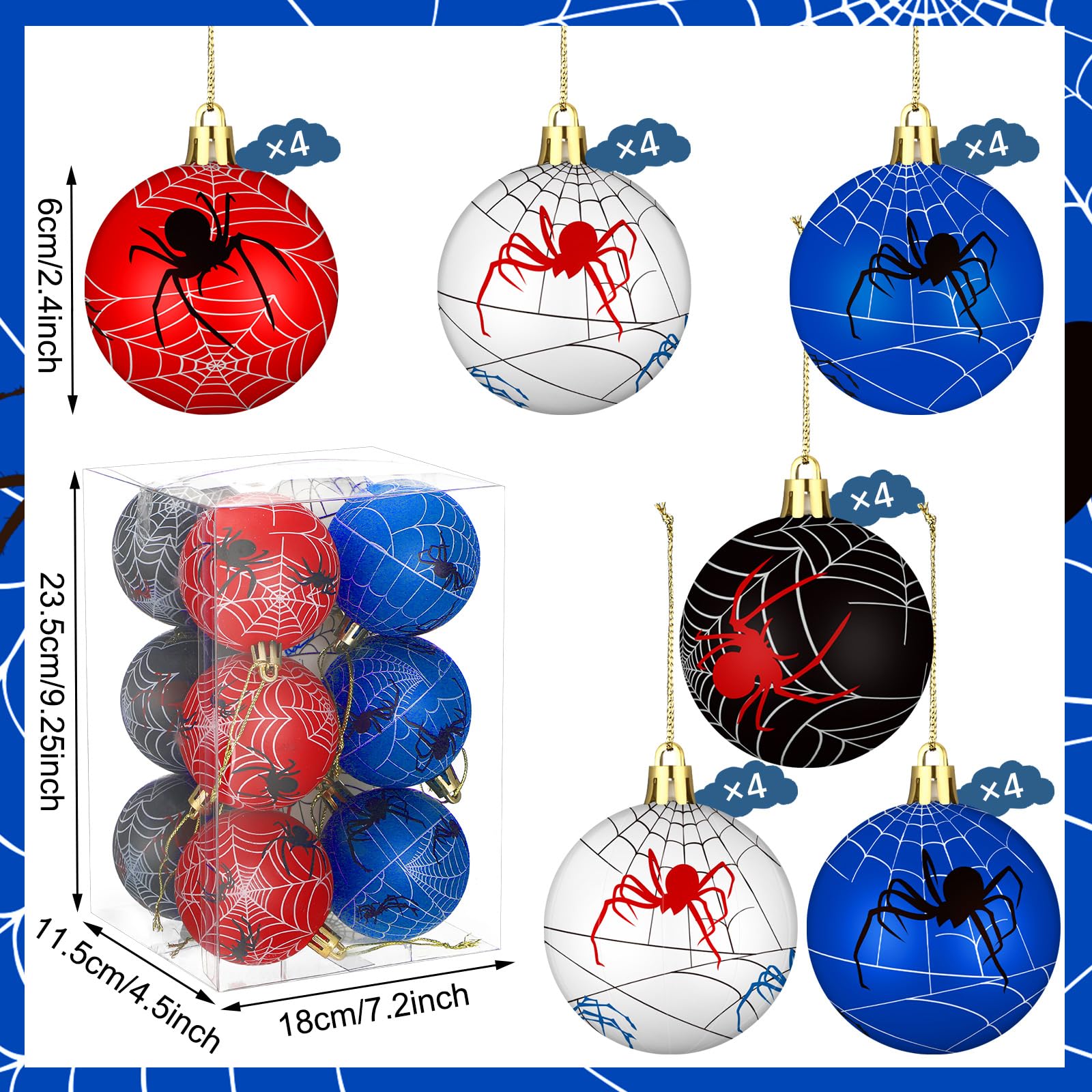 Syhood 12 Pcs 2.4'' Spider Christmas Ball Ornaments Christmas Tree Balls Foam Hanging Decoration Spider Web Pattern Xmas Party S