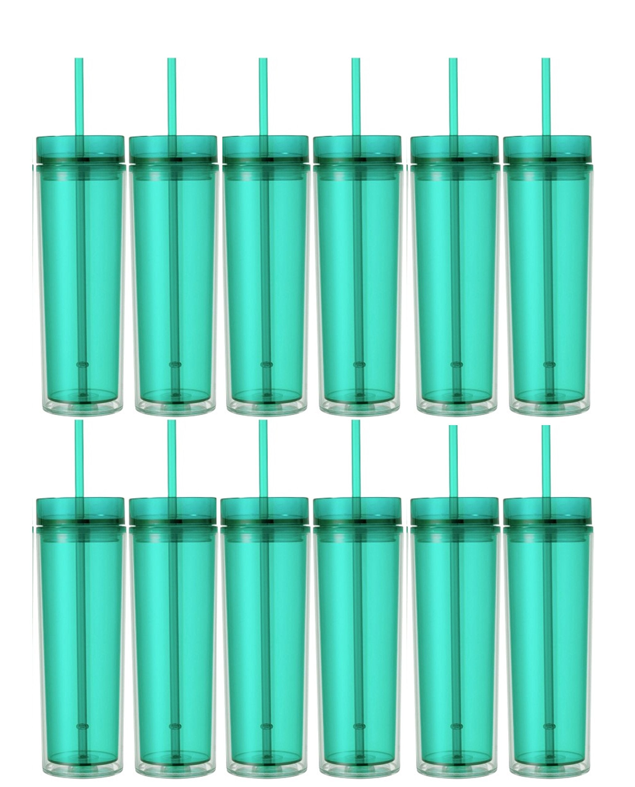 Set of 12 Double Wall Skinny Acrylic Tumblers 16 Oz, with Straws (Mint)