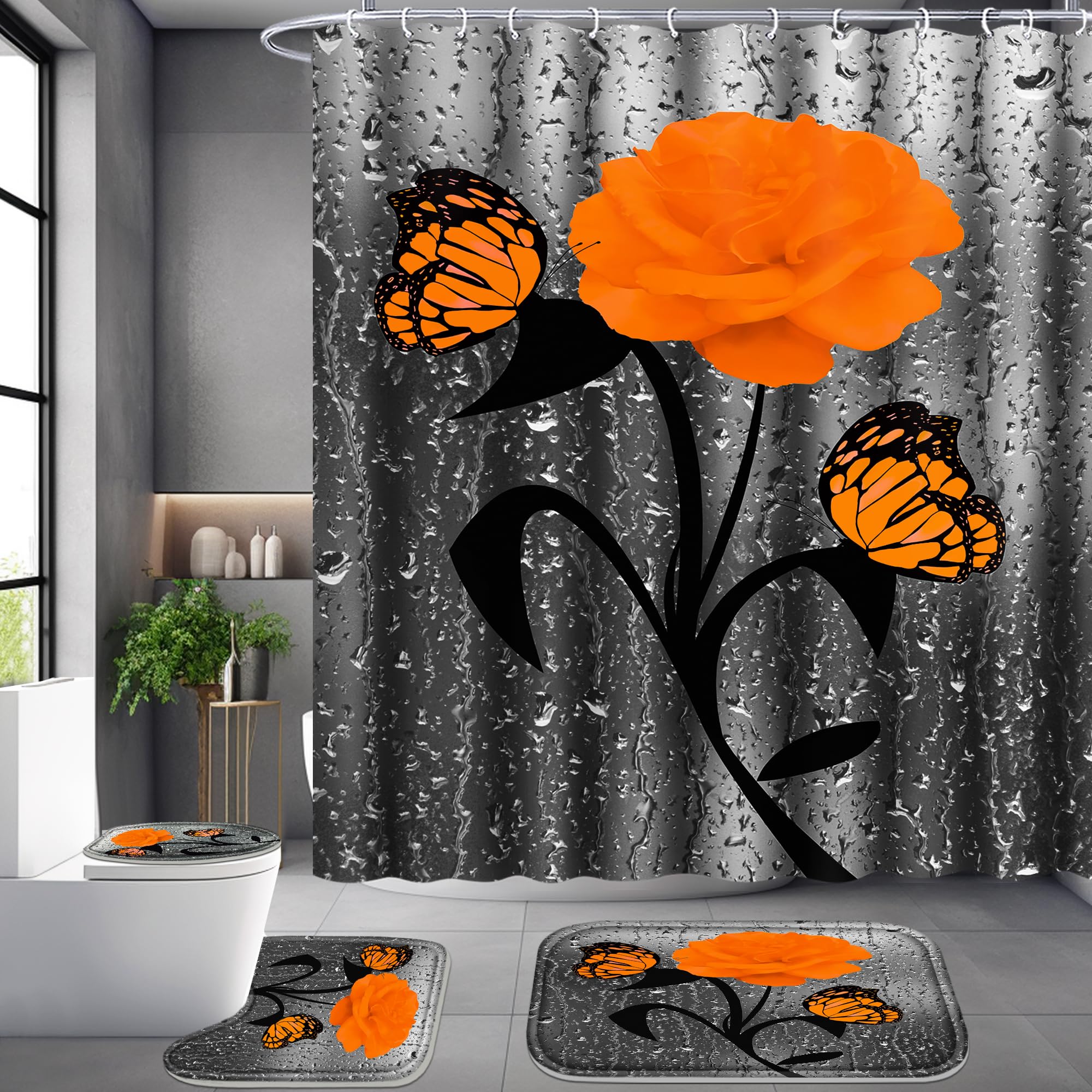 Poedist 4 Pcs Bathroom Set,Orange Rose Shower Curtain Sets, Romantic Shower Curtain Sets With Rugs(Bath Mat,U Shape And Toilet L