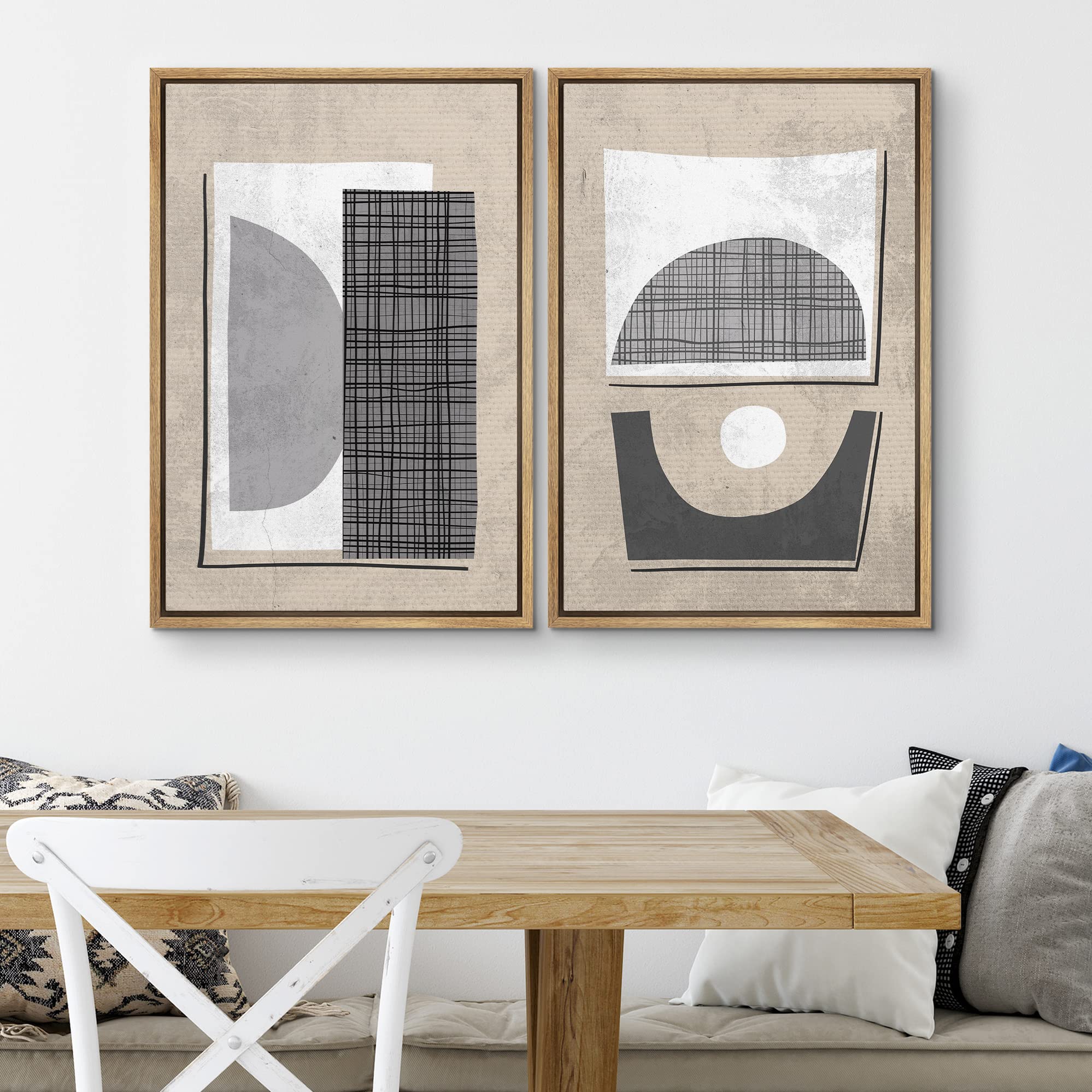 Signwin Framed Canvas Print Wall Art Set Mid-Century Art Deco Polygon Collage Abstract Shapes Illustrations Minimal Decorative N