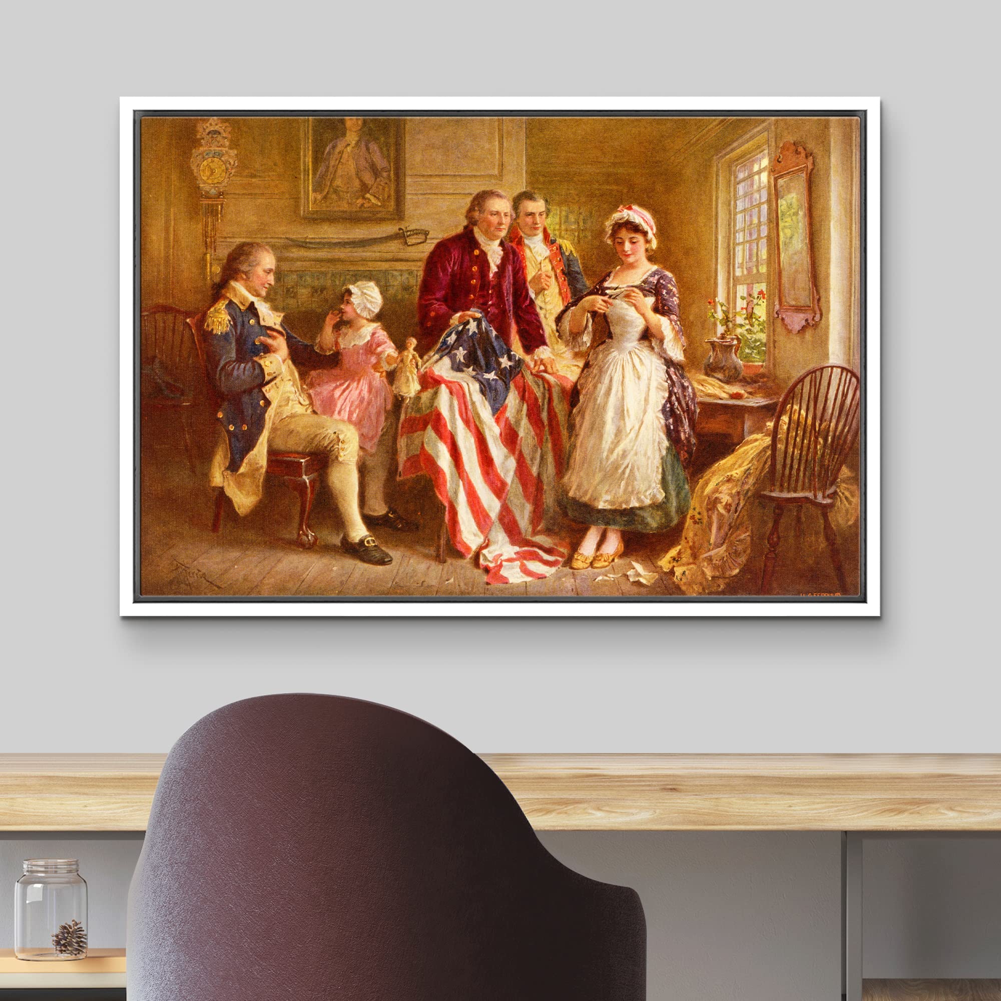 Wall26 - Betsy Ross 1777 By Jean Leon Gerome Ferris - Framed Canvas Print Wall Art Famous Painting Reproduction - 16''X24'' Whit