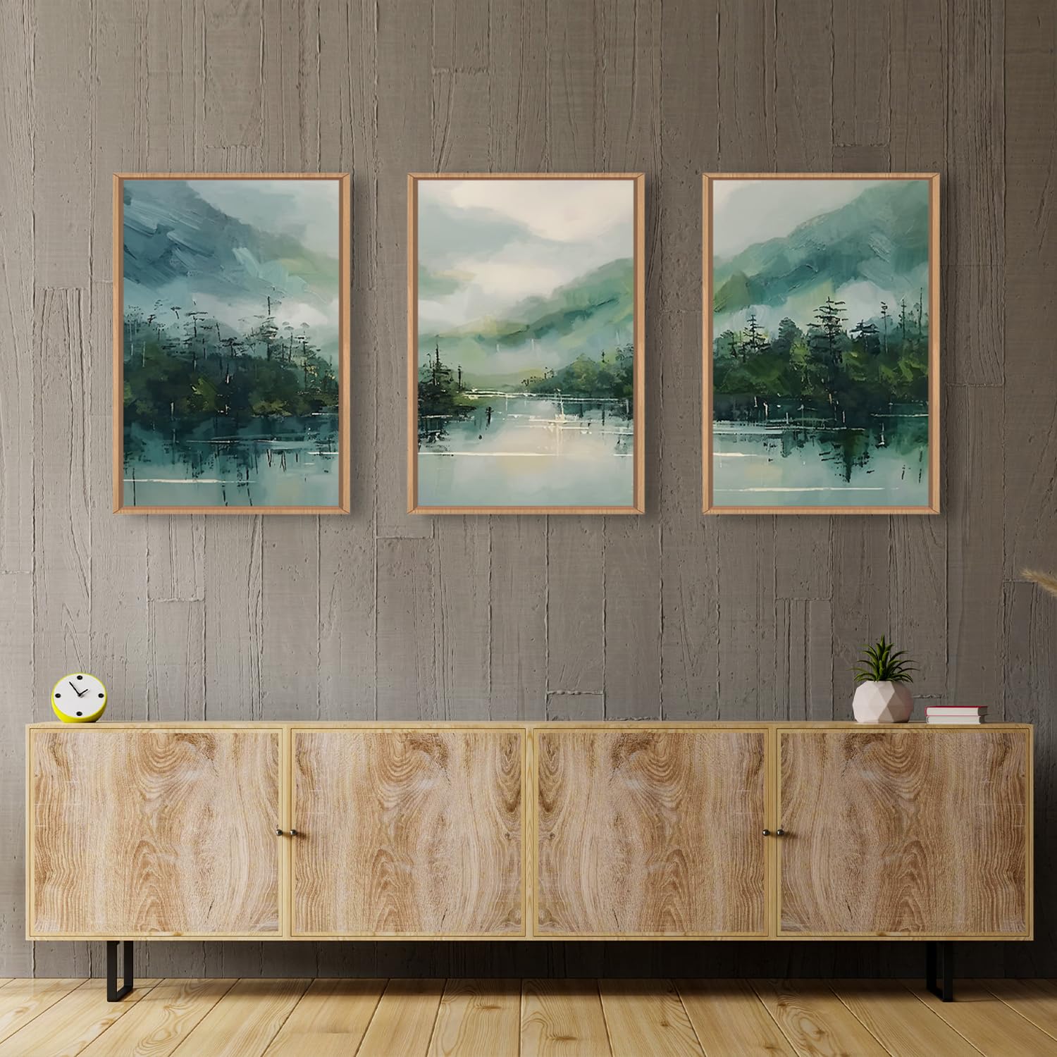 Lhiuem Large Geen Forest Mountain Framed Canves Wall Art Set,Misty Watercolor Artwork,Abstract Modern Nature Pine Tree Landscape