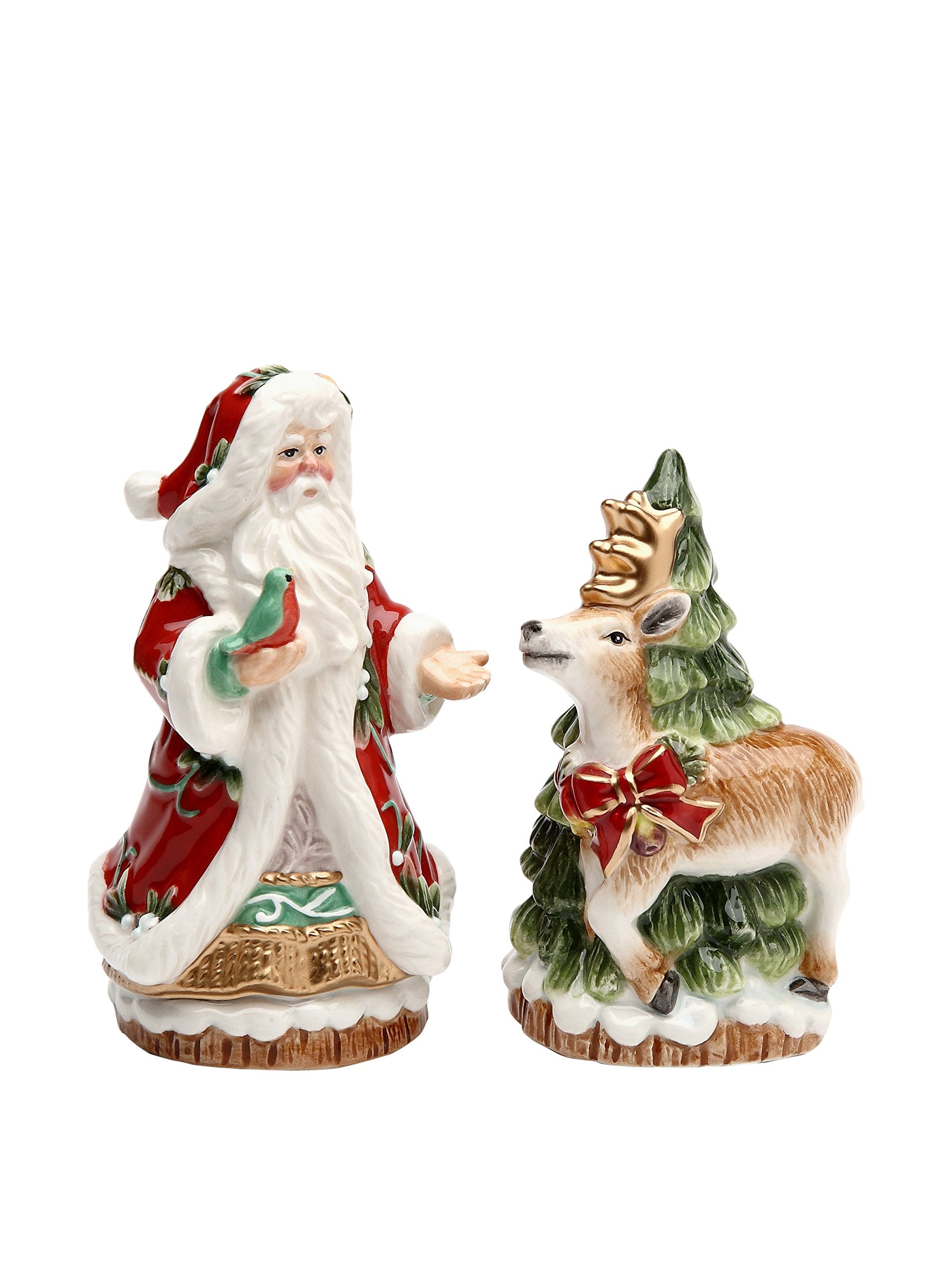 Fine Ceramic Victorian Santa With Reindeer Christmas Tree Salt & Pepper Shakers Set, 4 3/8'' H