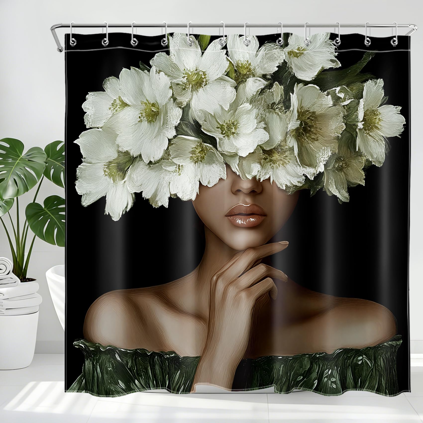 MEUNEAR African American Green Shower Curtain with Hooks Black Girl Woman and Green Floral Fabric Shower Curtain Olive Green Bat