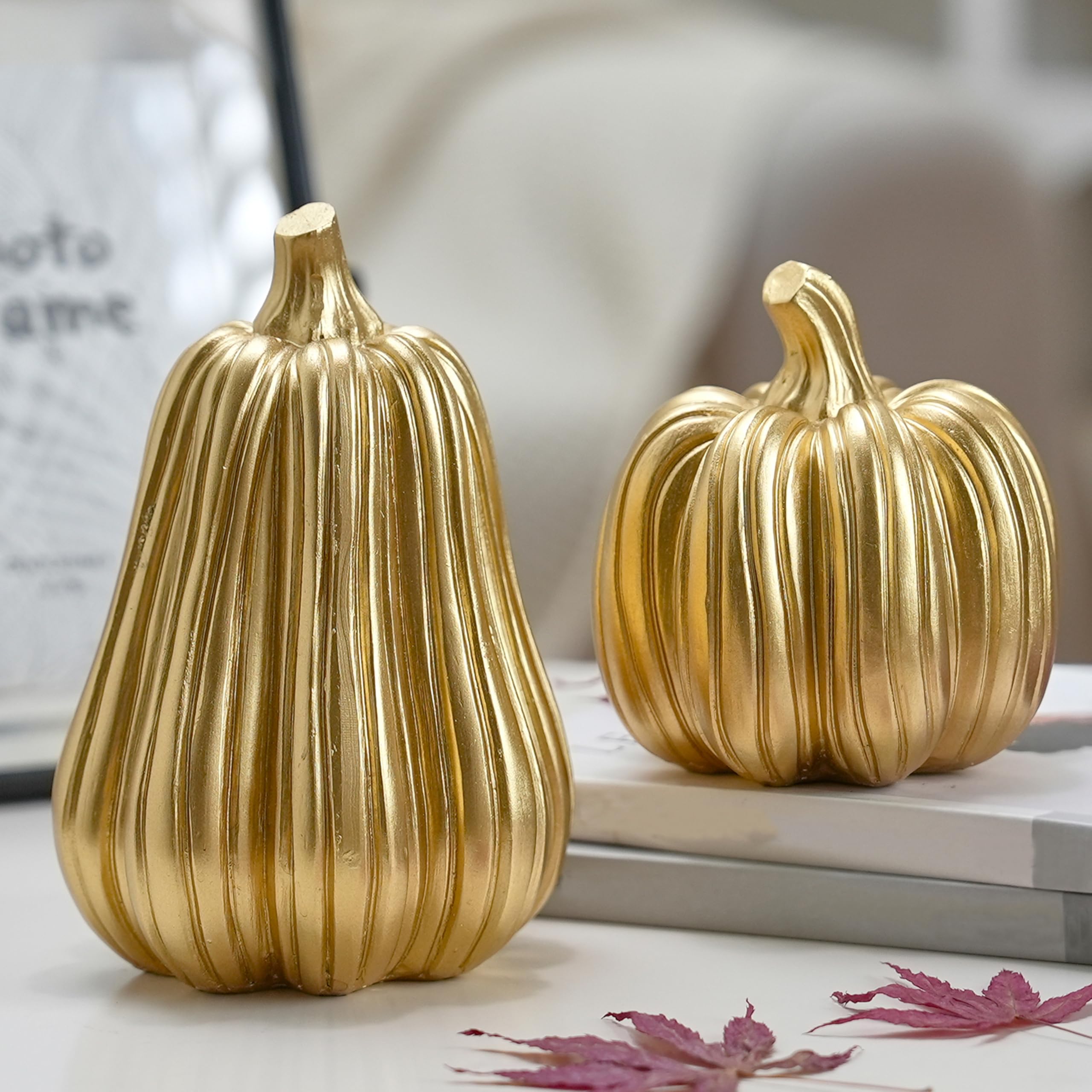 FESTGLOX Gold Pumpkin Decor with Stripes, 2Pcs Resin Pumpkins for Decorating, Decorative Pumpkins for Fall Tabletop Decoration, 