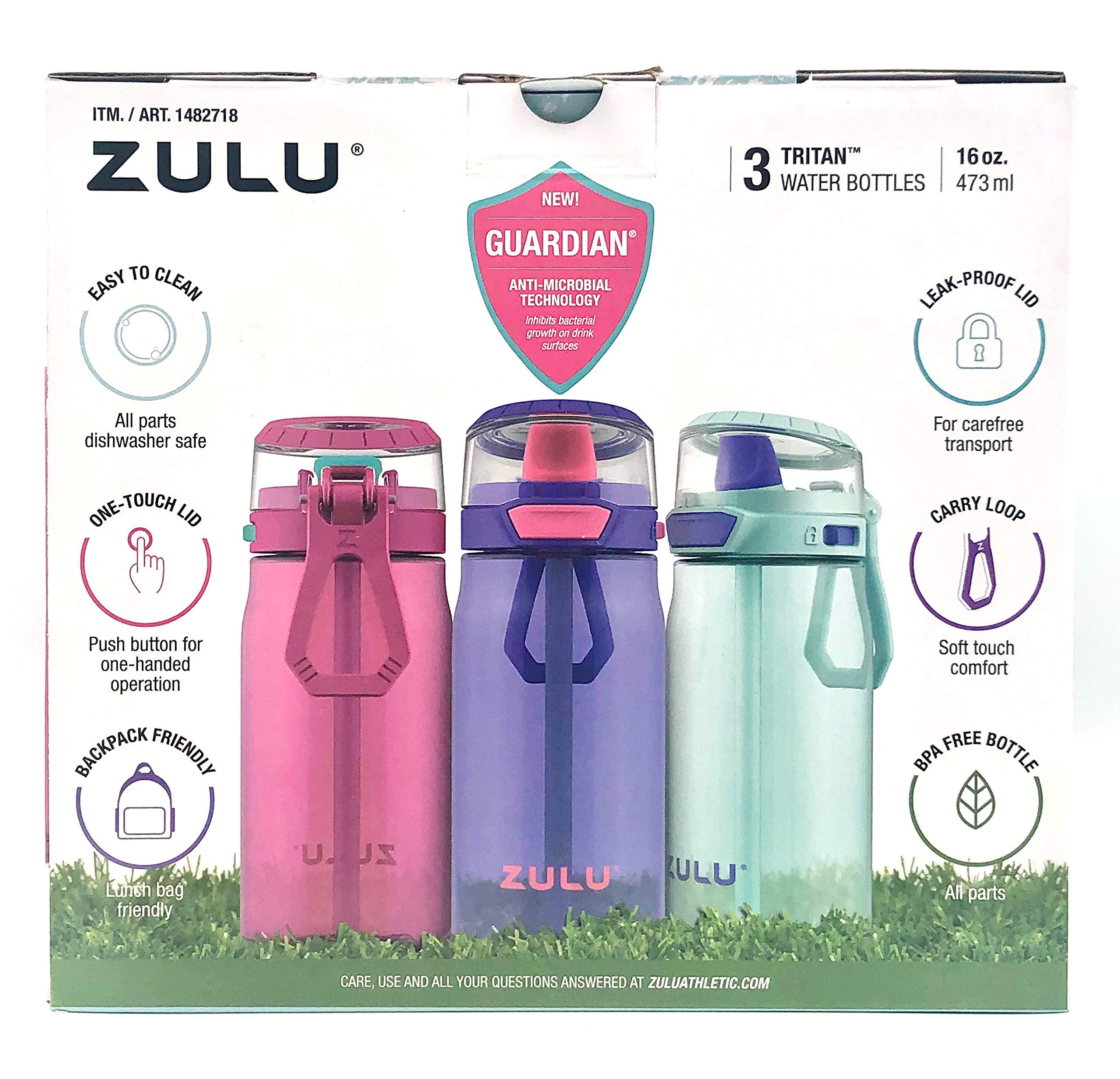 Zulu 3 Tritan Water Bottles Flex 3 Pack Pink,Purple And Mint 16 Oz