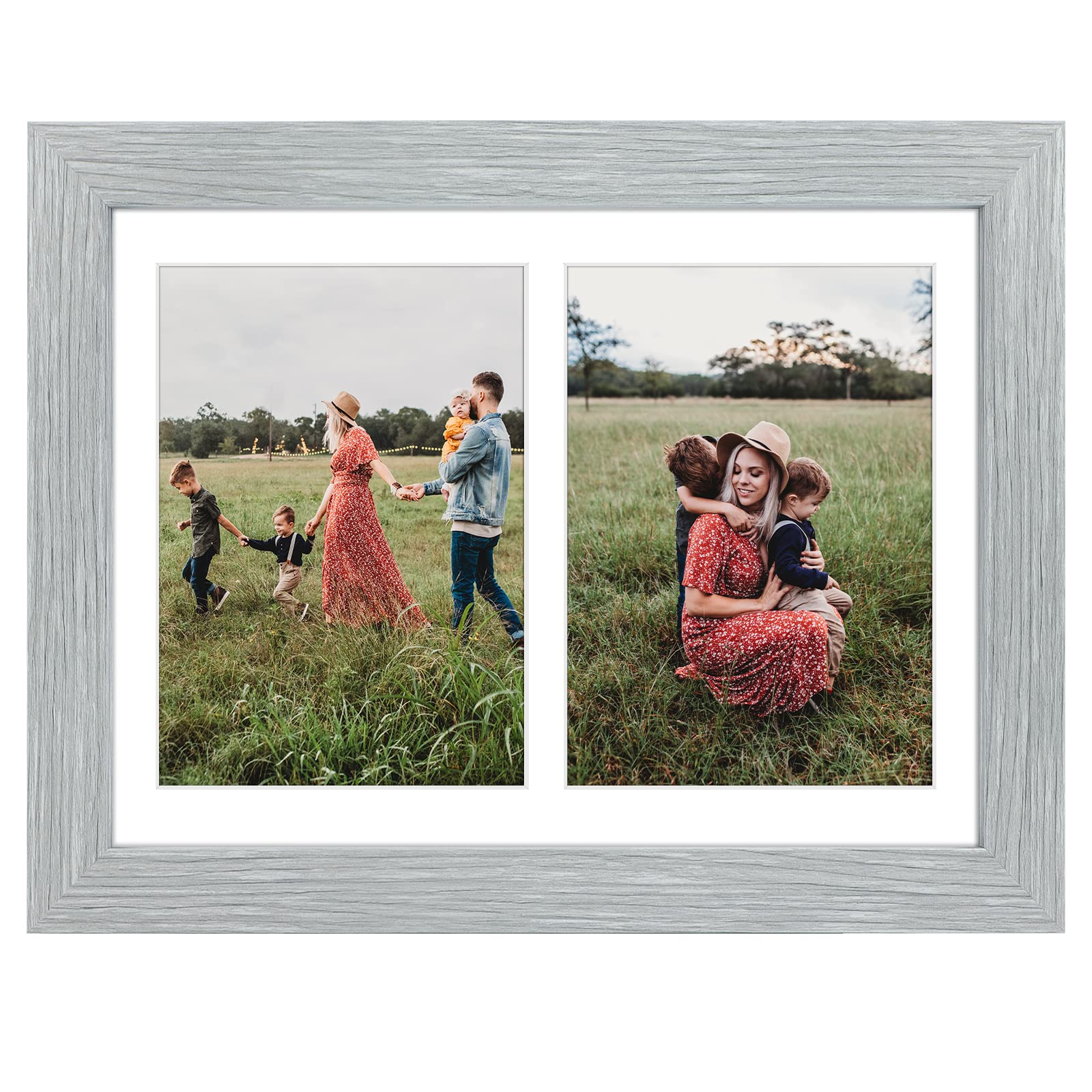 Golden State Art, 8.5x11 Grey Wooden Picture Frame - White Mat for 2-5x7 Photos or 8.5x11 Certificate Without Mat - Real Glass -