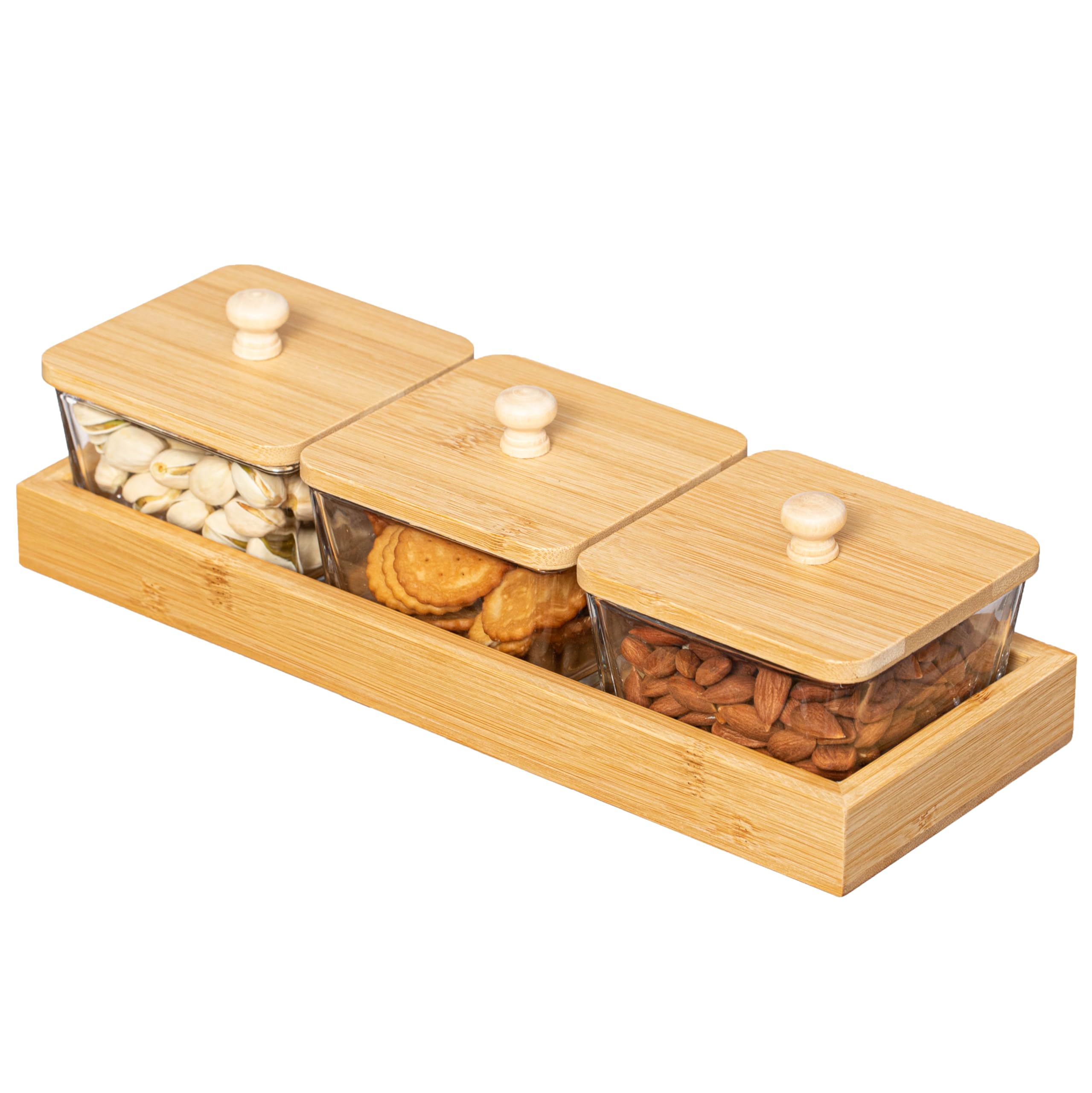 Basicwise Set Of 4 Square Glass Jars With Bamboo Lids And Wooden Tray - Square Charcuterie, Snack Organizer And Fruit Platter Fo