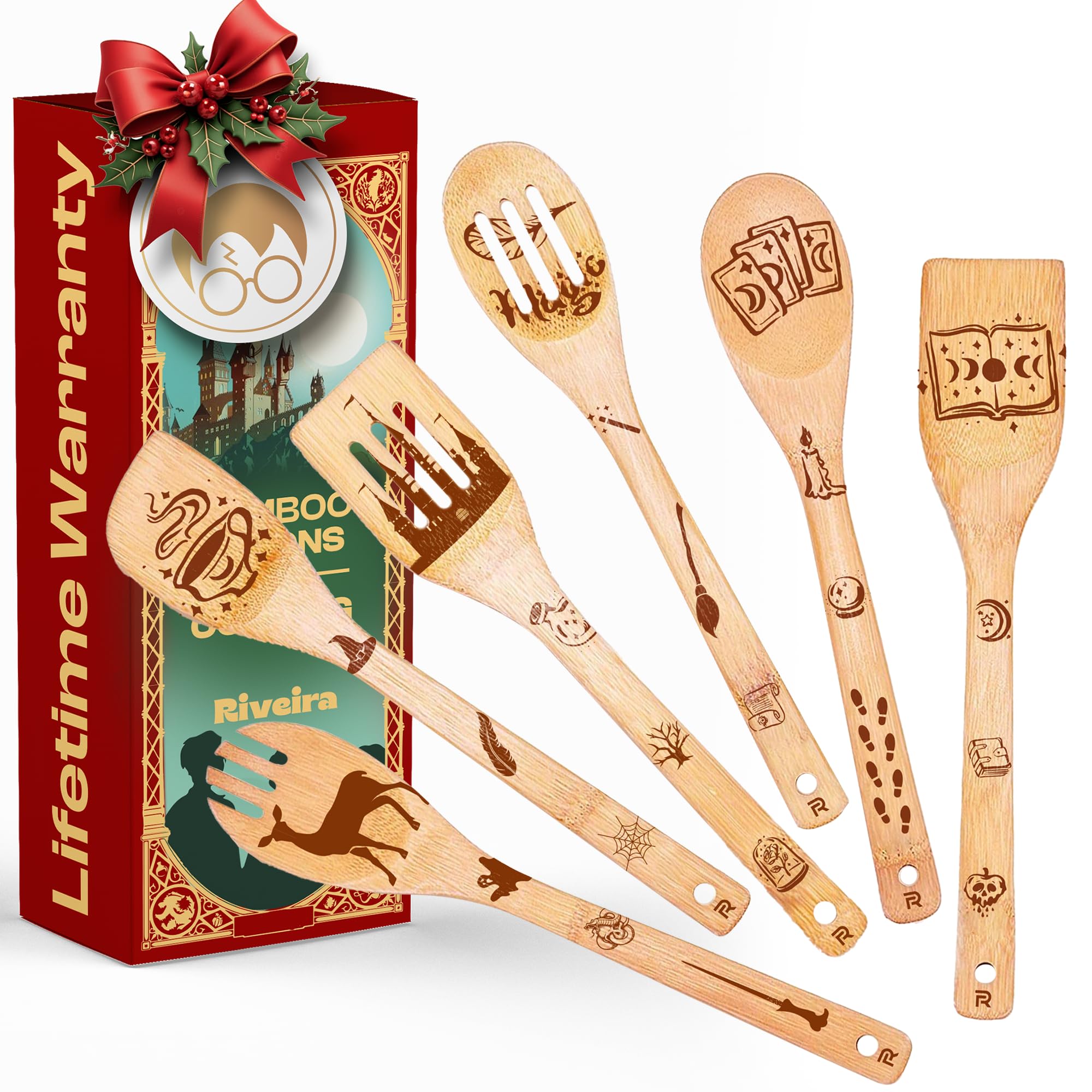 Riveira Magic Wizard Gifts Organic Wooden Spoons For Cooking Utensils Set 6-piece - Christmas Gifts For Women Kitchen Utensils S