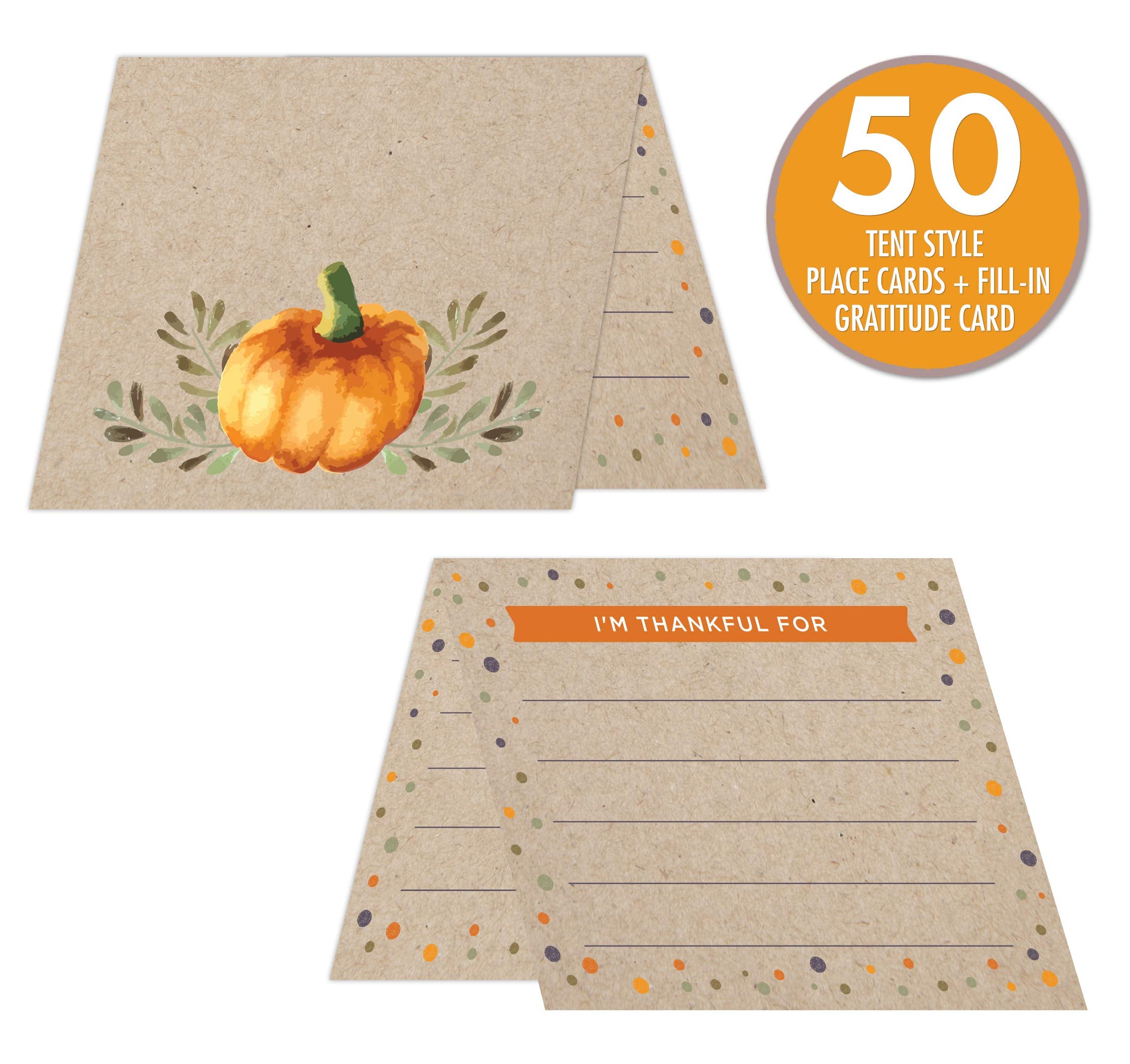 Koko Paper Co Thanksgiving Place Cards With Fill-In Gratitude Cards | Pack Of 50 Cards | Printed On Heavy Card Stock.