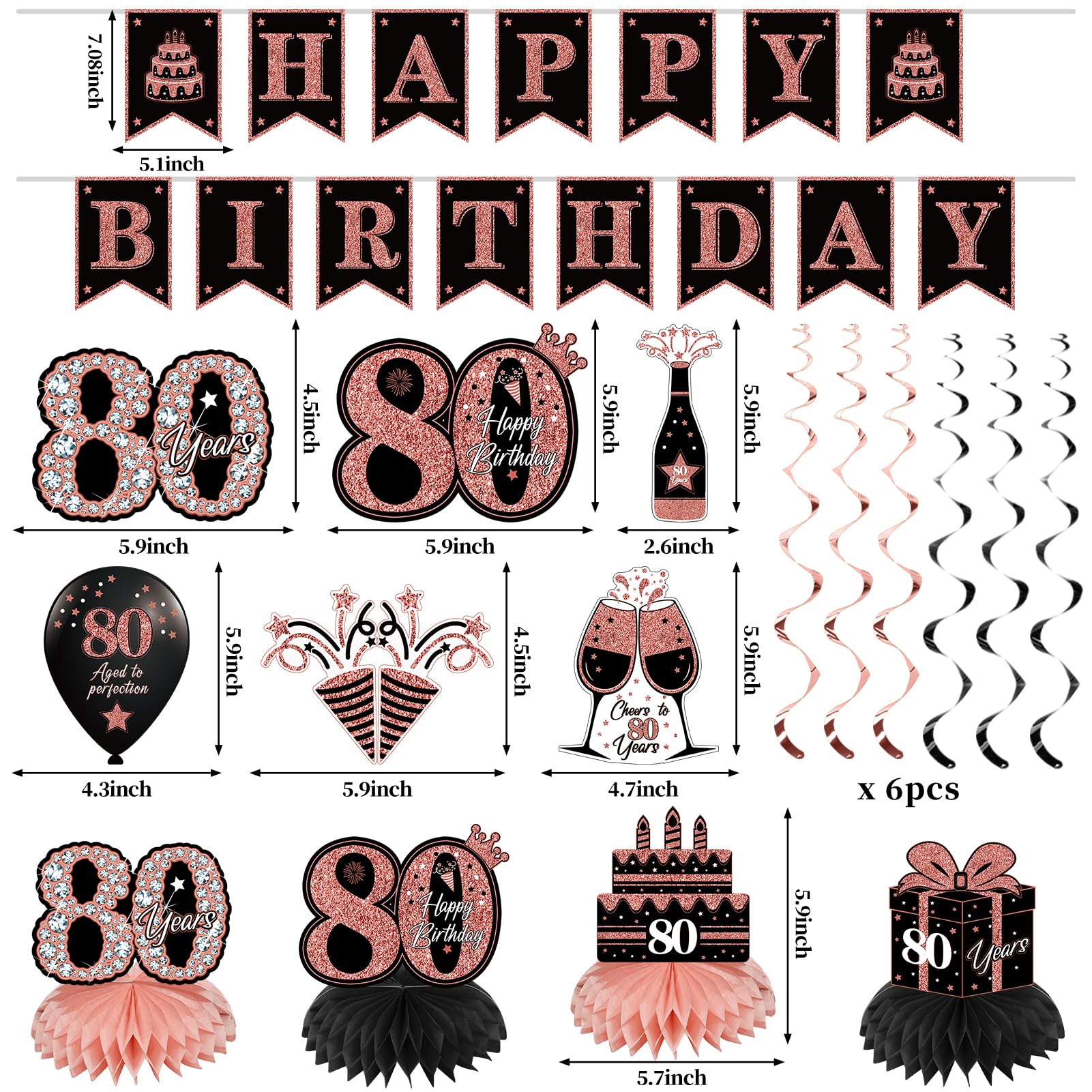 42Pcs 80Th Birthday Decoration Kit For Women, Rose Gold Happy 80Th Bday Banner Balloons Honeycomb Centerpiece Swirl Paper Pompom