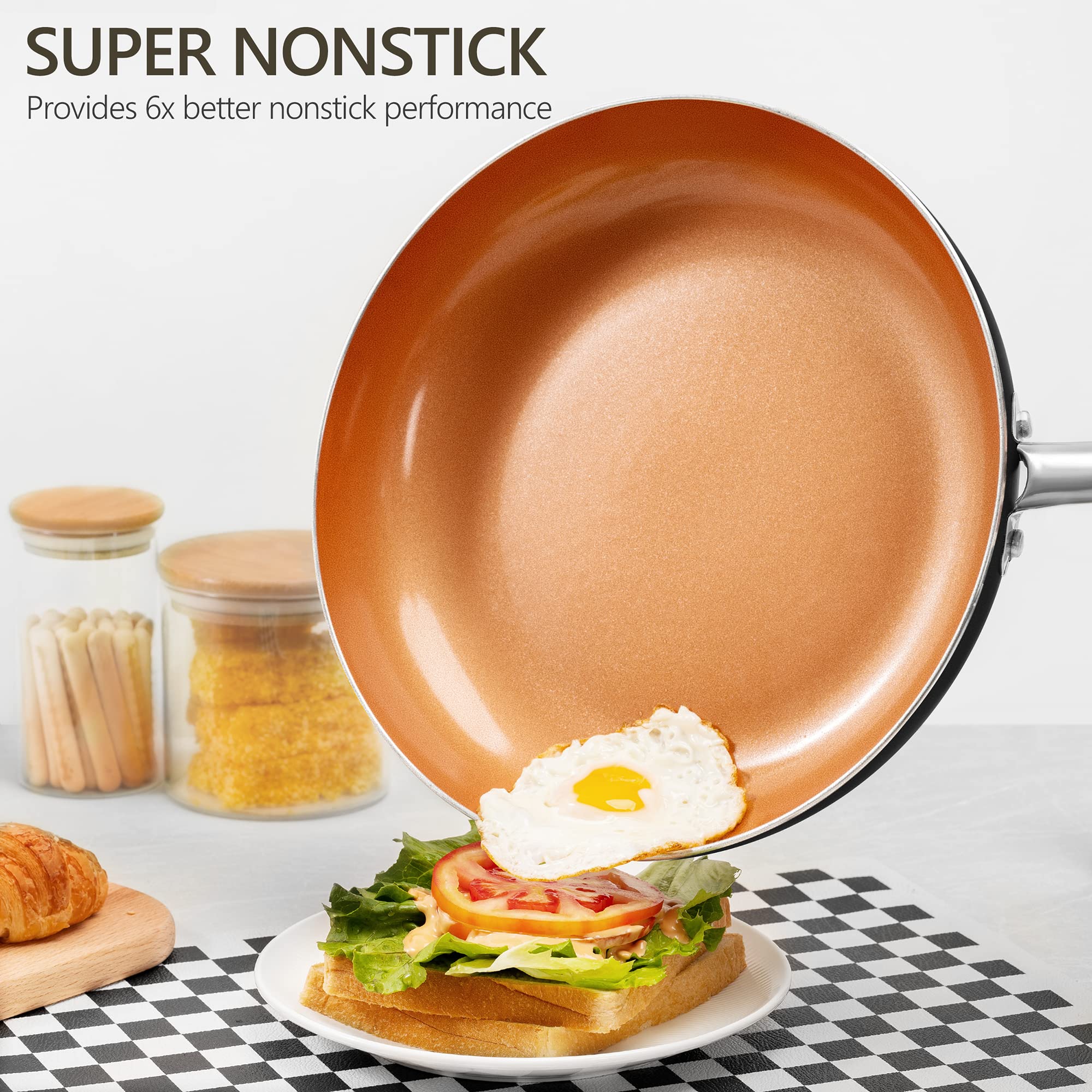 Michelangelo Copper Frying Pan Set With Lid, 8'' & 10'' Frying Pan Set, Nonstick Frying Pan Set, Copper Pans With Lid, Nonstick