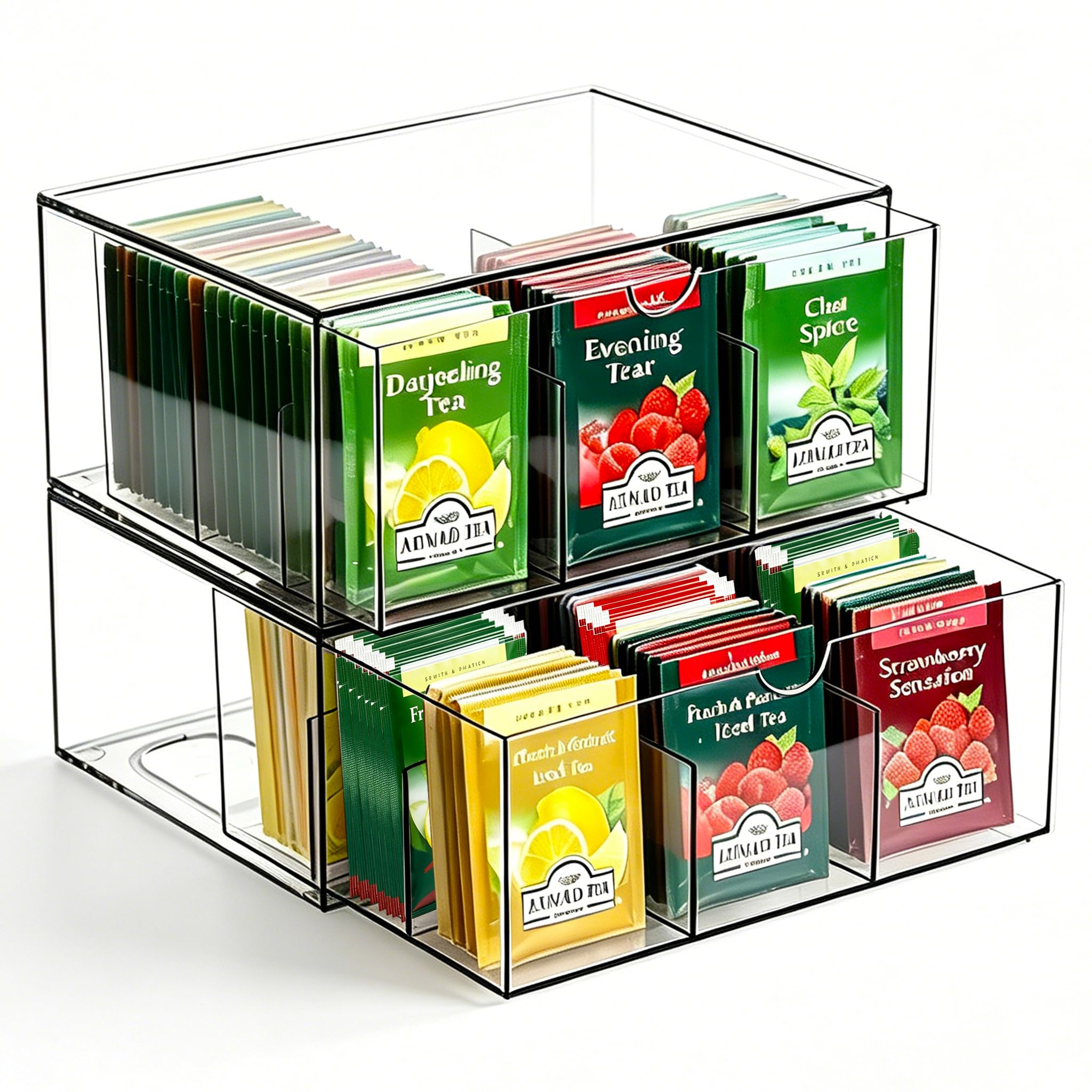 Kruysozz 2 Pack Tea Bag Organizer, Tea Bag & Coffee Pod Drawer Storage with 9 Grid, Acrylic Stackable Holder Organizer for Cabin