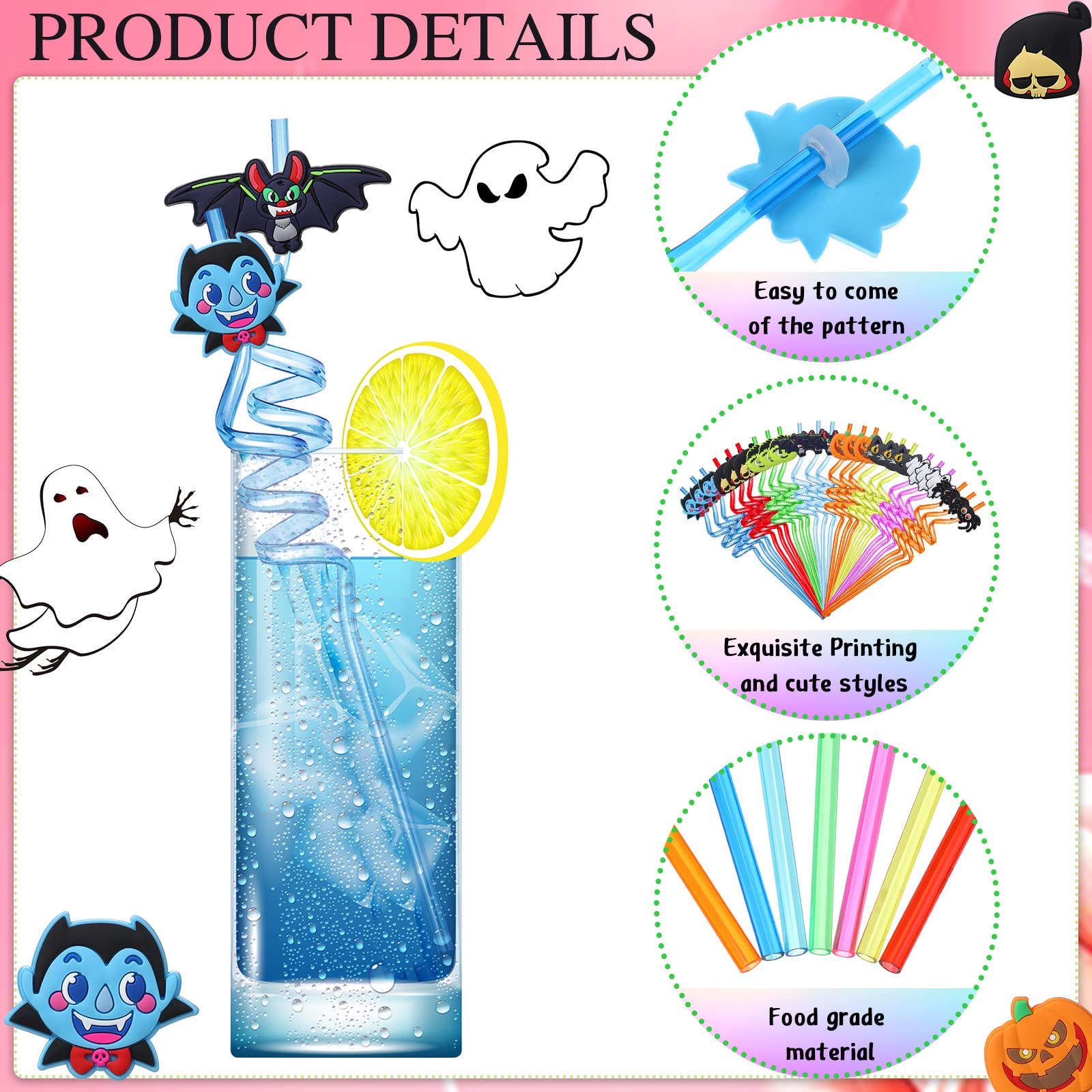 24 Pcs Halloween Party Favors Halloween Straws Reusable Plastic Crazy Straws Bats Pumpkin Cat Ghost Straws With 2 Cleaning Brush
