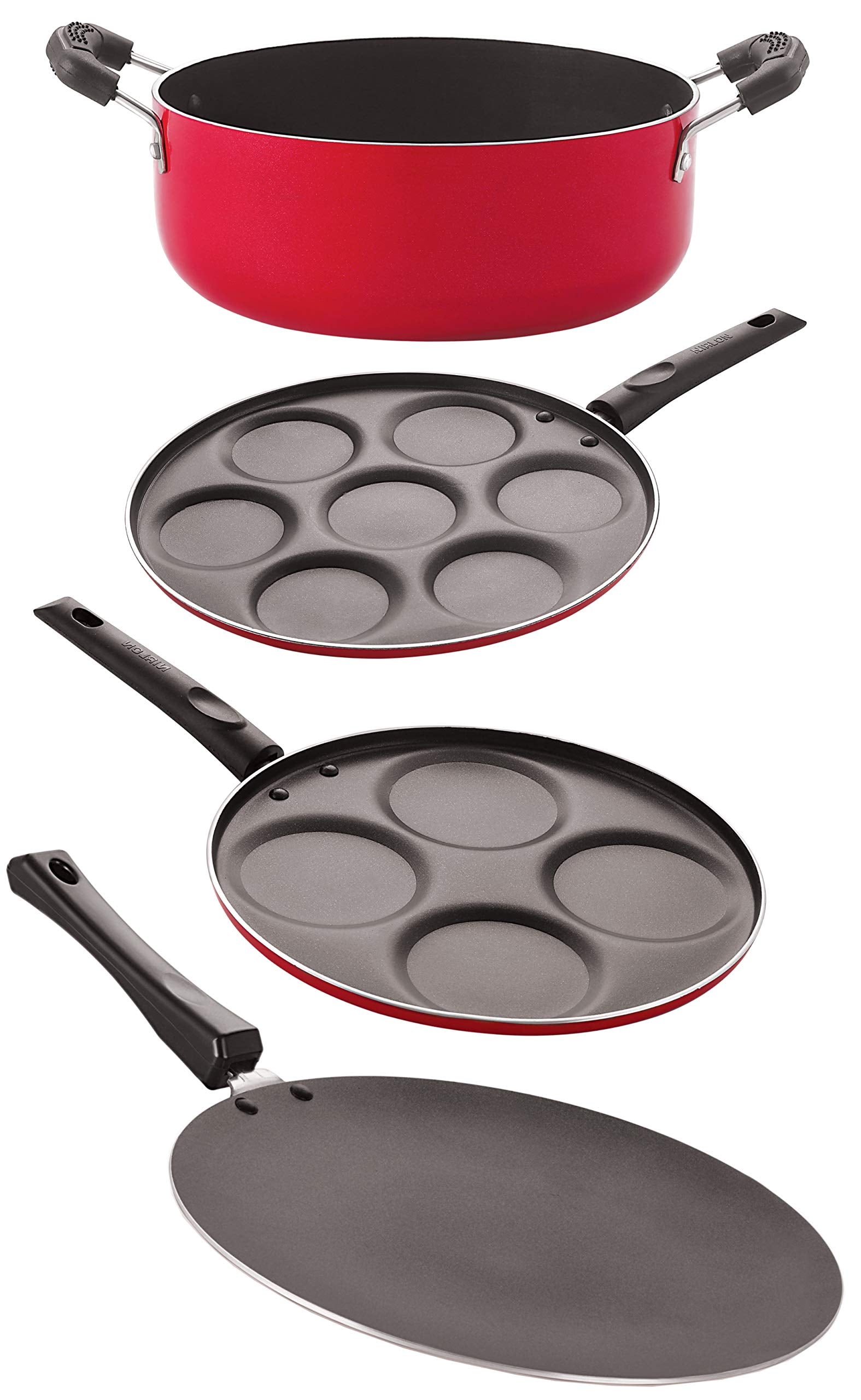 Nirlon Nonstick Kitchen Cooking Gift 4 Pieces Item Set(Concave Tawa 27.5Cm + Uttapam 4 Cavity + Uttapam 7 Cavity + Casserole 3.1