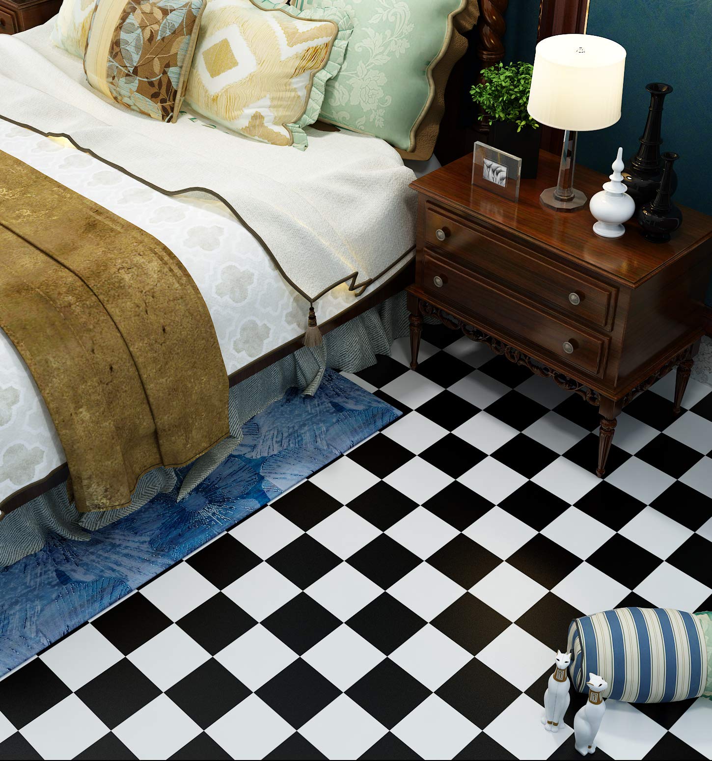 Livelynine 15.8X394 Inch Black and White Contact Paper for Cabinets Bedroom Floor Wallpaper Vinyl Flooring Roll Peel and Stick Tiles for Bathroom Waterproof Kitchen Flooring Tile Stickers Checkered