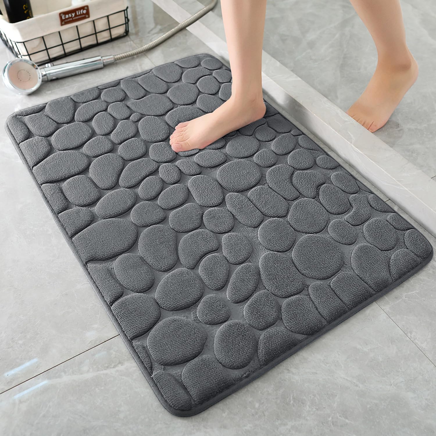 Yihouse Memory Foam Bath Mat Cobblestone Bathroom Rugs Super Water Absorbent Machine Washable Bath Rugs(17X24,Dark Gray)