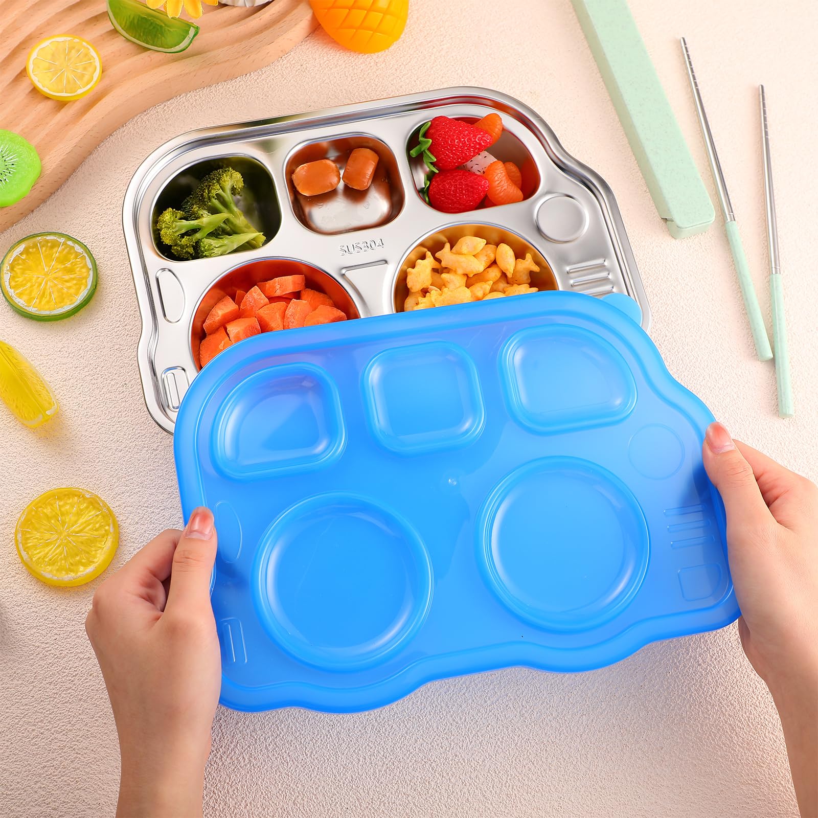Layhit 4 Pcs Stainless Steel Divided Plate 5 Sections Divided Platter Kids Plates School Bus Shape Toddler Plates With Lids Dinn