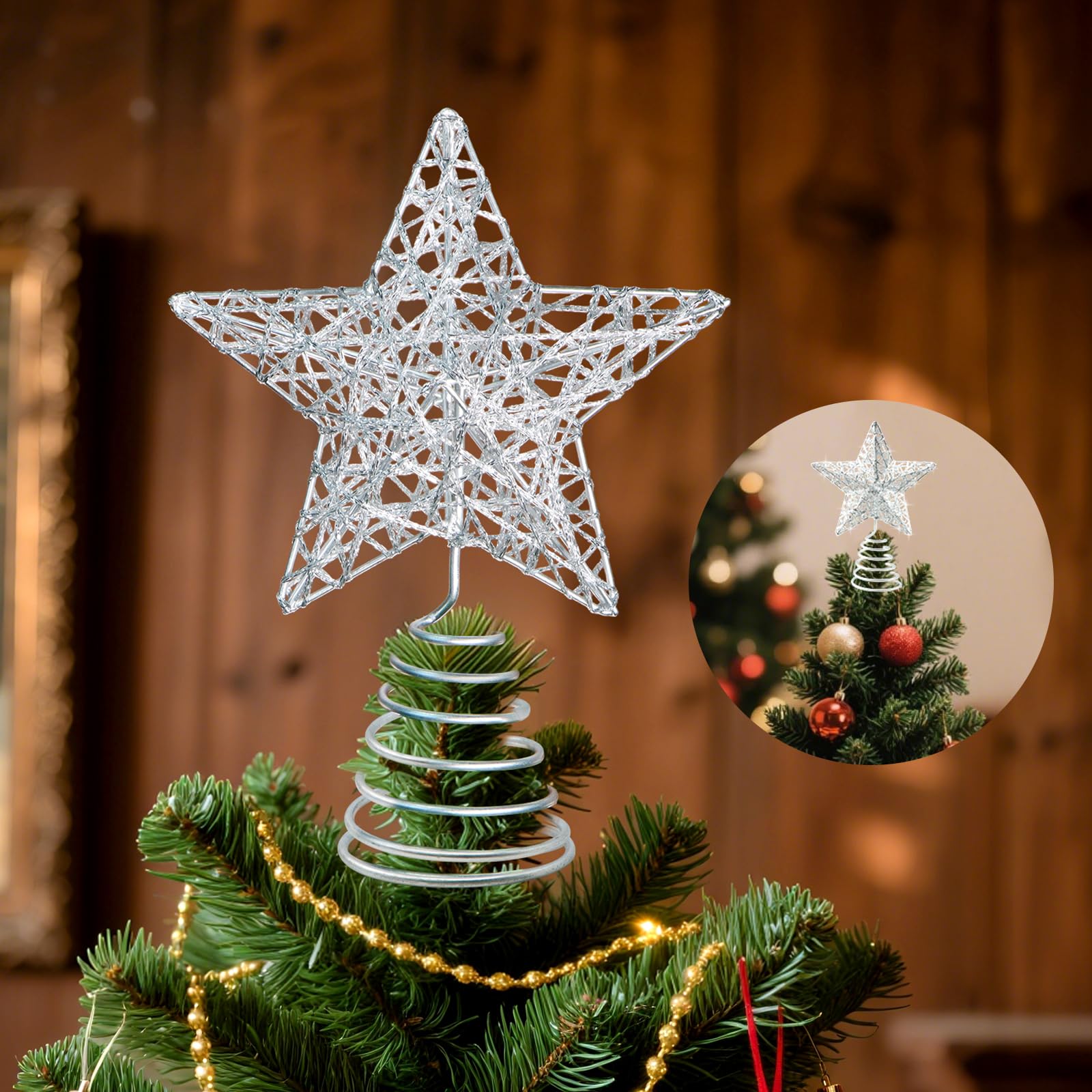 6inch Mini Christmas Tree Topper, Tabletop Tree Star Decoration, Silver Handmade Star Xmas Ornament for Office Desk Tree Top Dec