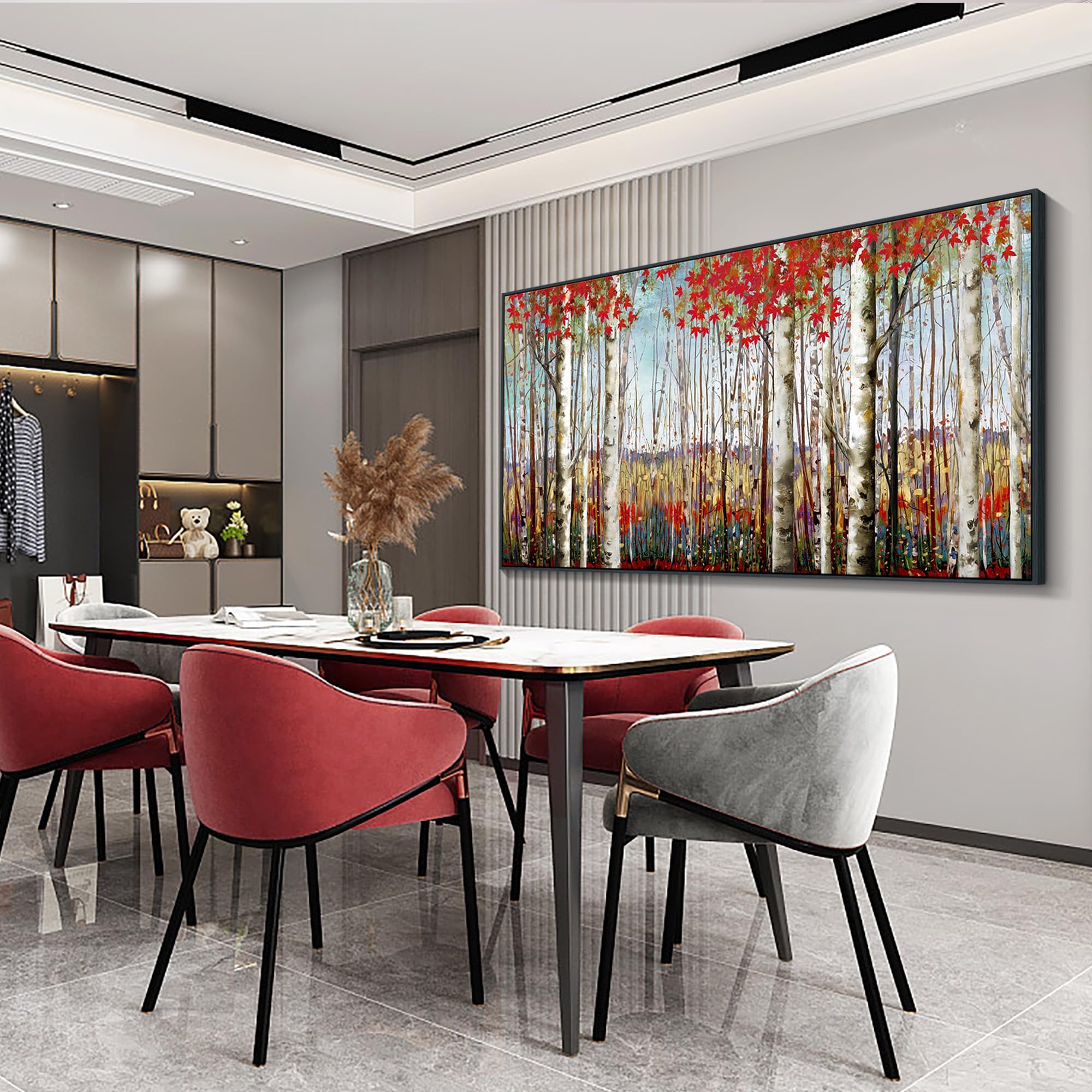 Mofutinpo Large Framed Wall Decor Canvas Red Leaves White Birch Tree Wall Art For Living Room Bedroom Rustic Kitchen Modern Pain