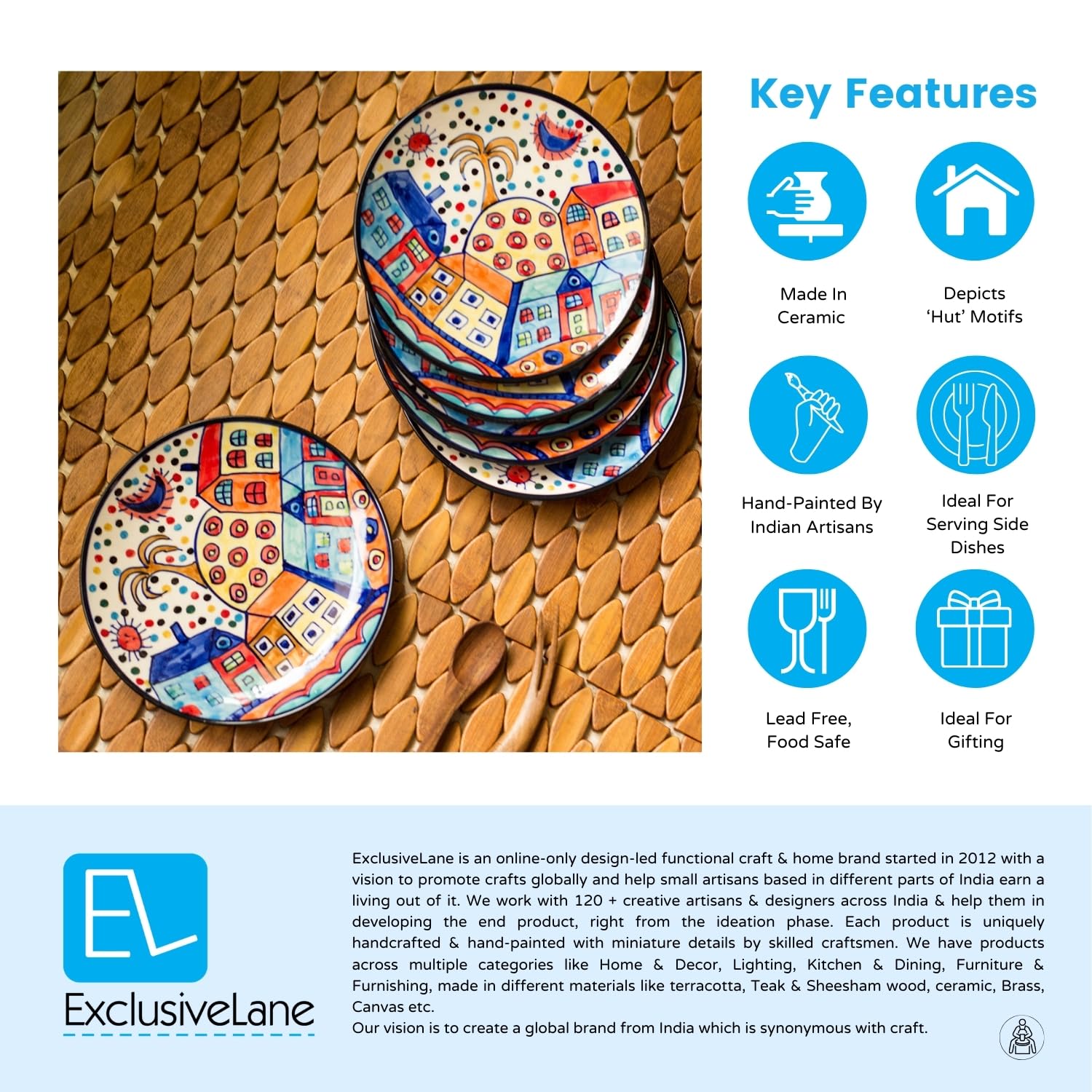 Exclusivelane The Hut Family Ceramic Quarter Plates Set Of 6 (6 Pieces, 7 Inch, Dishwasher & Microwave Safe) |Handpainted Quar