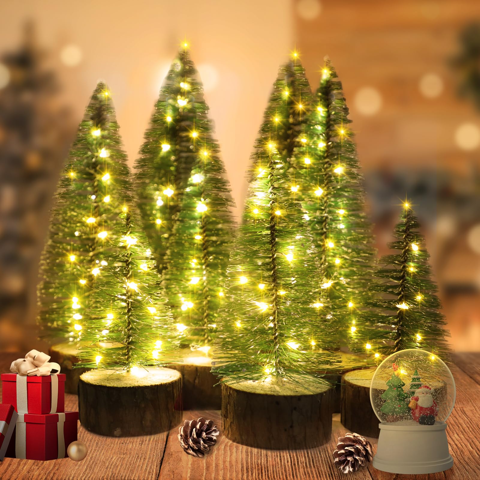 8 PCS Mini Christmas Trees, 2 Modes Artificial Bottle Brush Trees with Timer LED String Lights Desktop Small Pine Trees with Woo