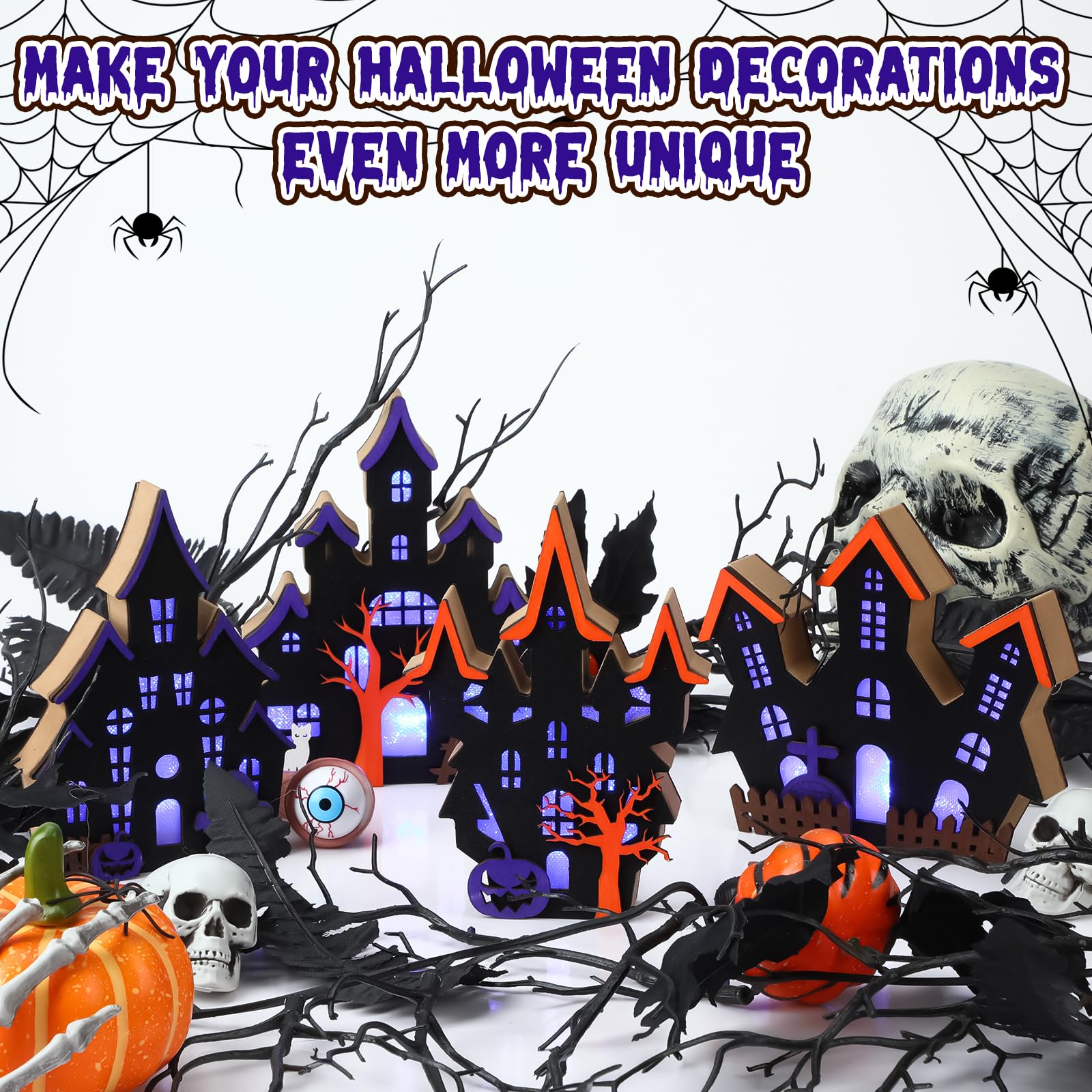 Bucherry 4 Pack Halloween Table Haunted House Decor Lighted Wooden Village Ghost House 3D Tabletop Decorations for Halloween Ind