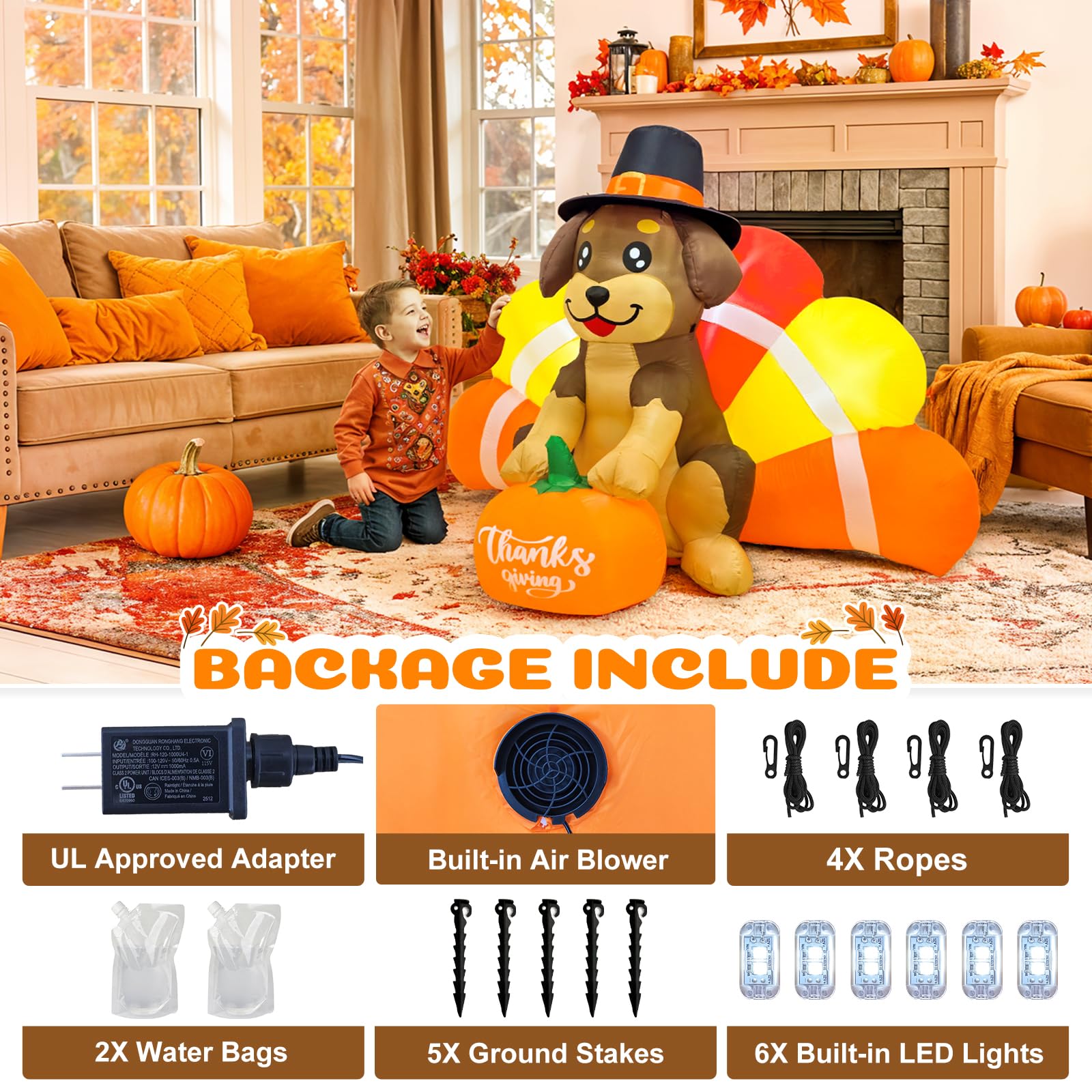 Fayavoo 5FT Happy Thanksgiving Inflatables Outdoor Decorations, Inflatable Turkey Dog with LED Lights, Blow Up Turkey for Fall I
