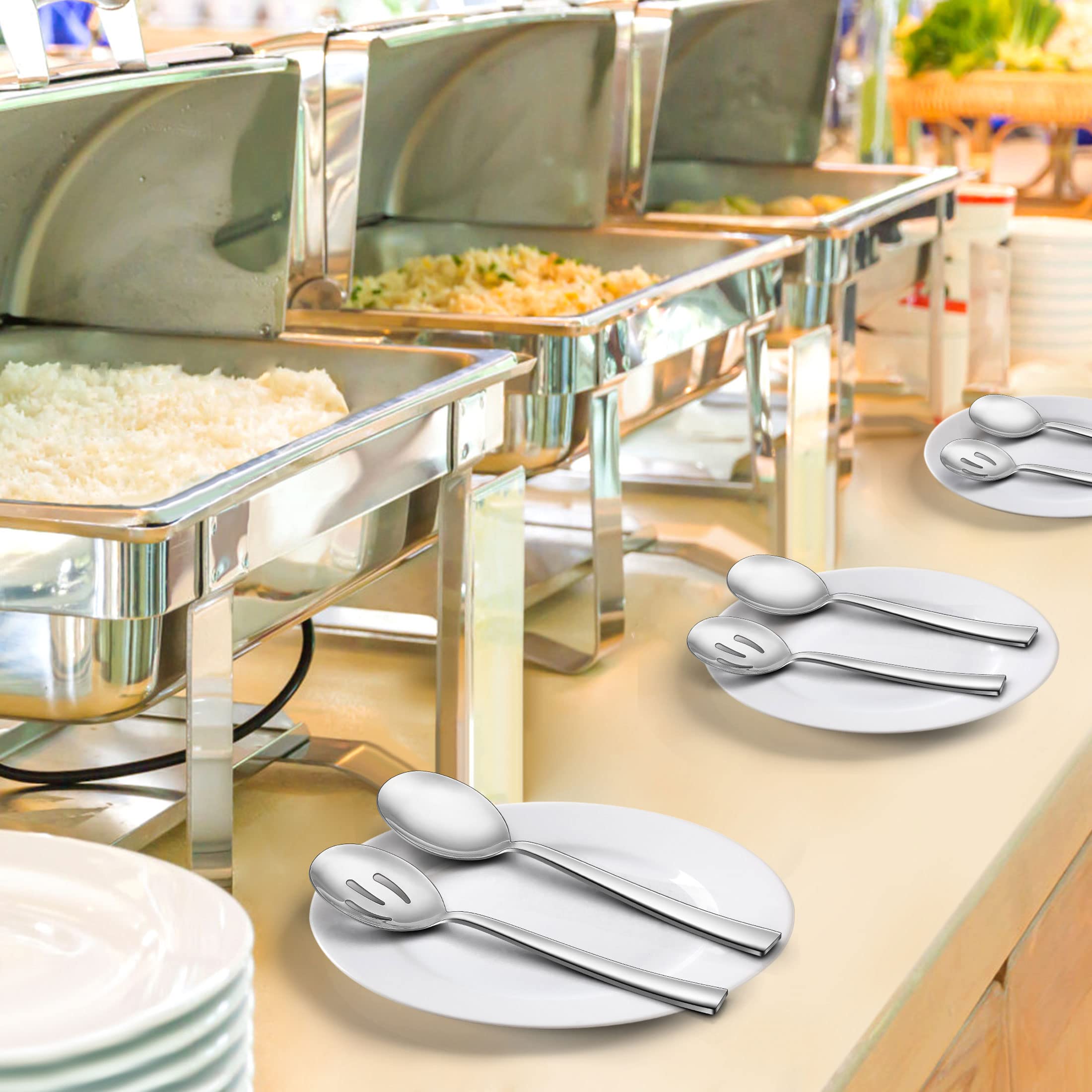 Lianyu 2 Serving Spoons, 2 Slotted Serving Spoons, 2 Serving Forks, 8.6 Inch Stainless Steel Metal Serving Spoons Forks For Buff