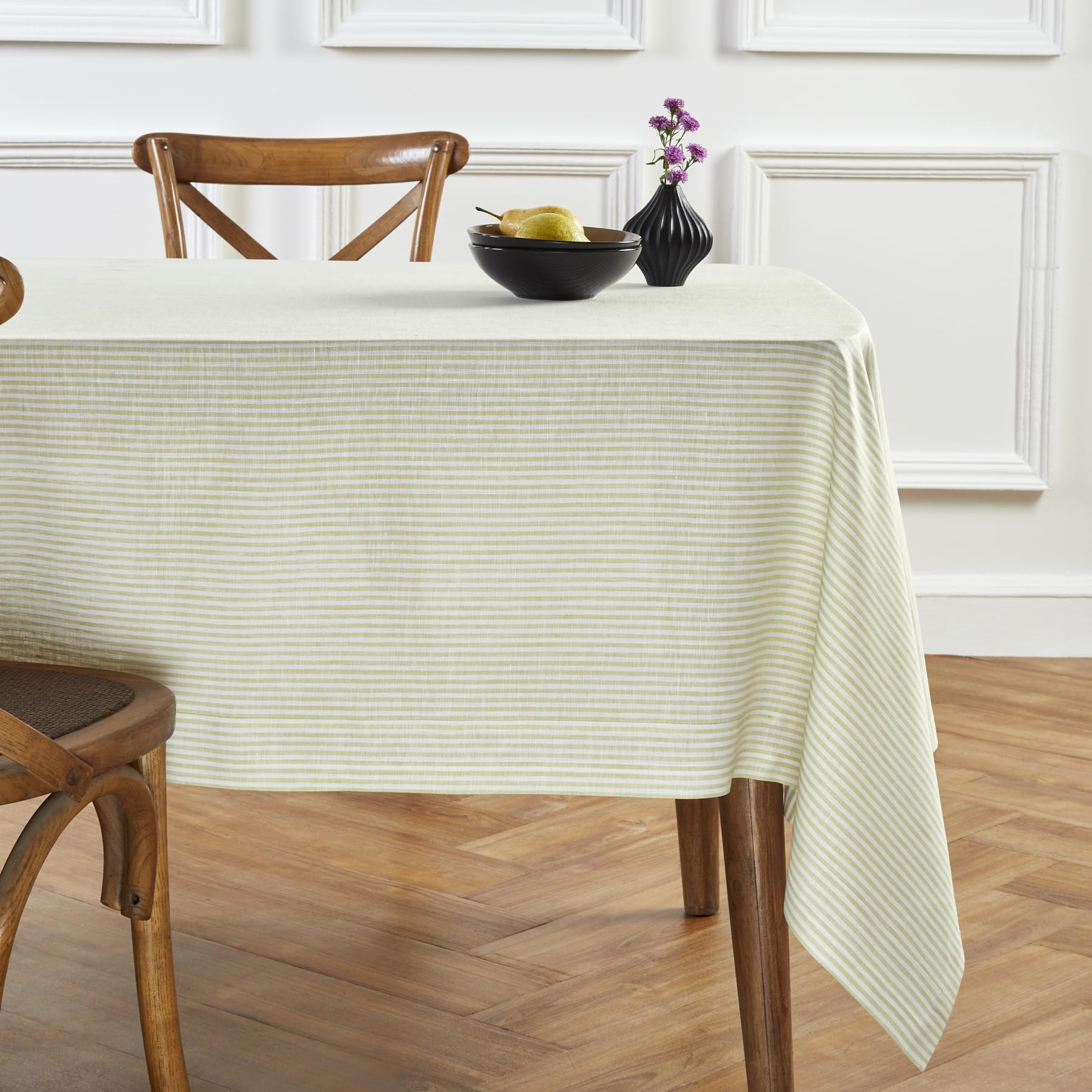 Solino Home Stripe Linen Tablecloth - 100% Pure Linen Sage And White Tablecloth 108'' L X 60'' W For Spring, St Patrick'S Day, E