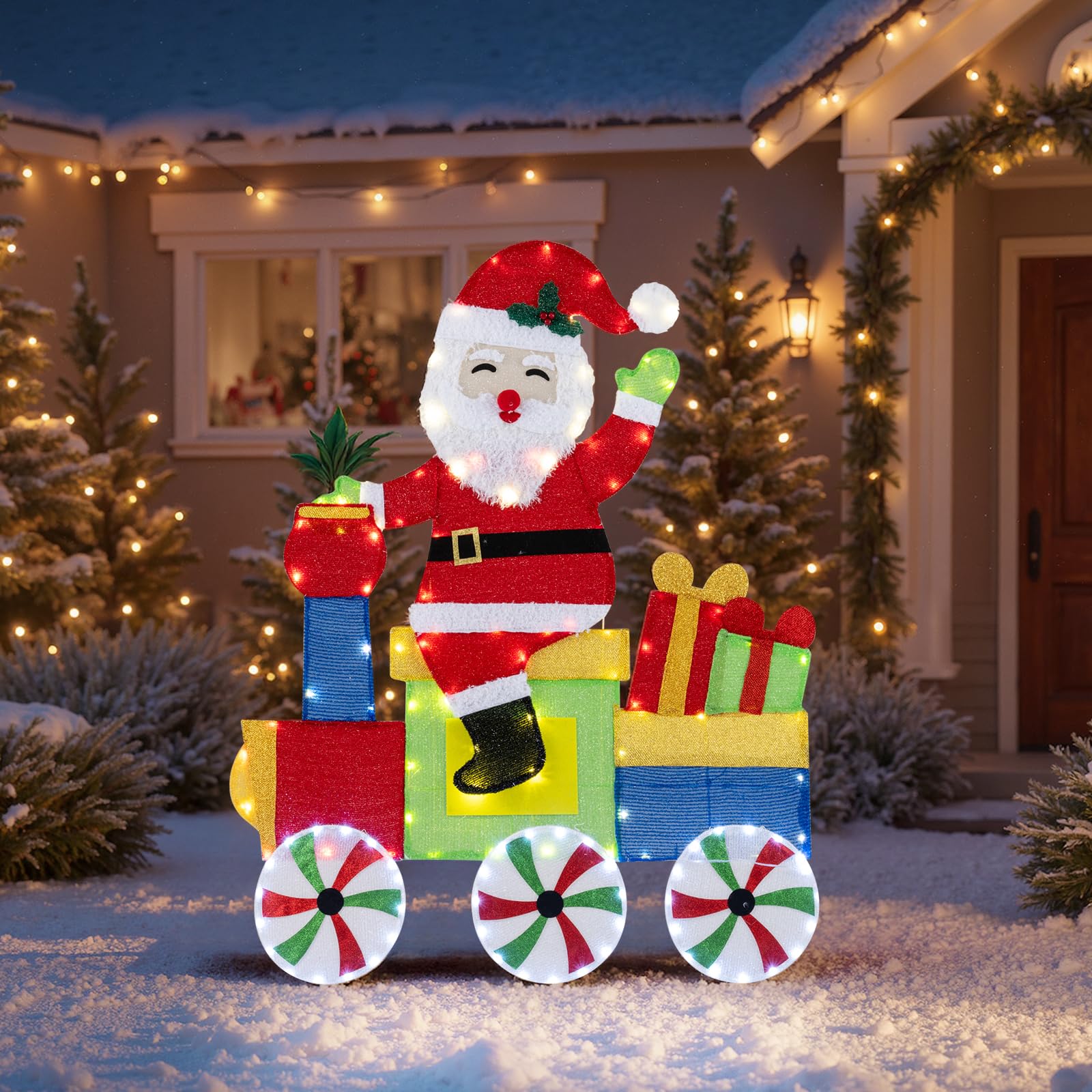 Tangkula Lighted Santa on Train Christmas Decoration, Indoor Outdoor 2D Santa Claus with LED Lights, Gift Boxes and Ground Stake