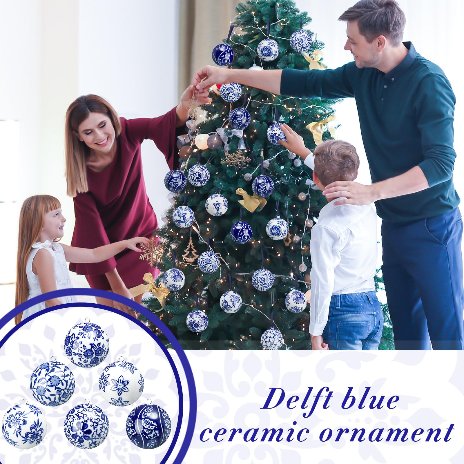 Cindeer 12 Pcs Blue and White Christmas Porcelain Balls 2.4 Inch Porcelain Chinoiserie Ornament Bulk Christmas Ceramic Hanging D