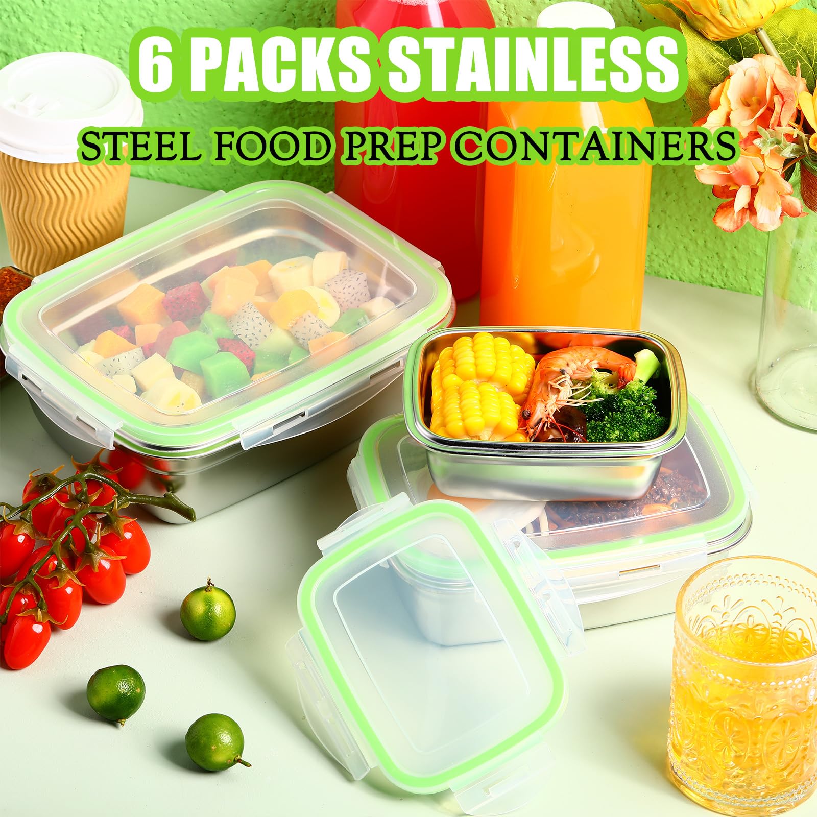 6 Packs Stainless Steel Food Storage Containers Airtight Metal Food Containers Stainless Steel Meal Prep Container Leak Proof St
