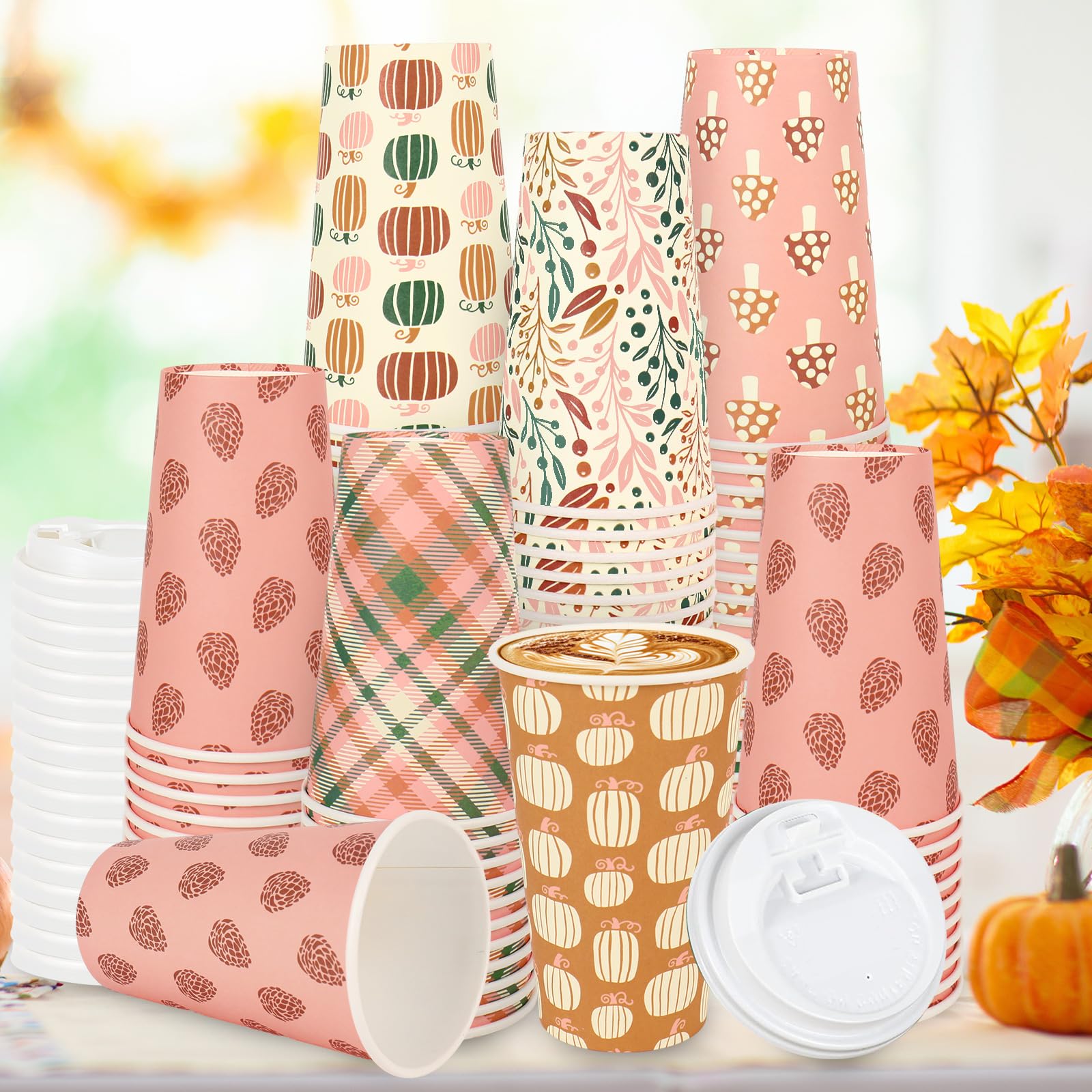 FYSUIMU 120 Sets Boho Fall Disposable Coffee Cups with Lids 16Oz Pumpkin Leaves Mushroom Drinking To Go Cup 6 Designs Paper Cup 