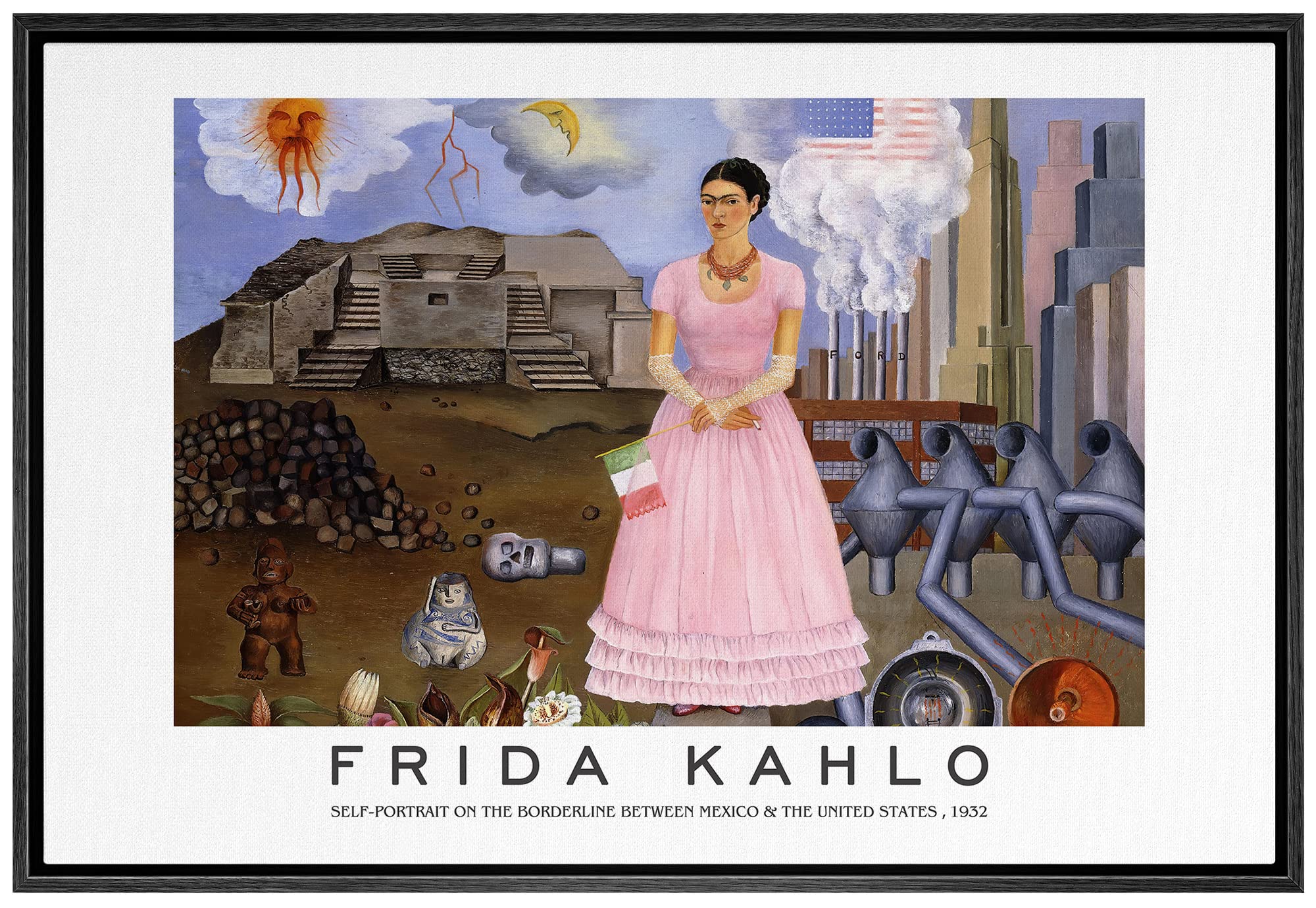 Idea4Wall Framed Canvas Print Wall Art Self-Portrait Mexico United States By Frida Kahlo Historic Cultural Illustrations Fine Ar