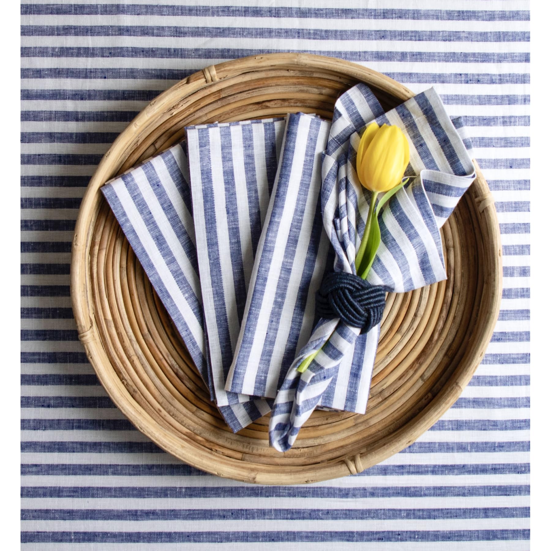 Solino Home Linen Napkins Set of 4-100% Pure Linen Amalfi Stripe Navy and White Cloth Dinner Napkins 20 x 20 Inch for Fall, Autu
