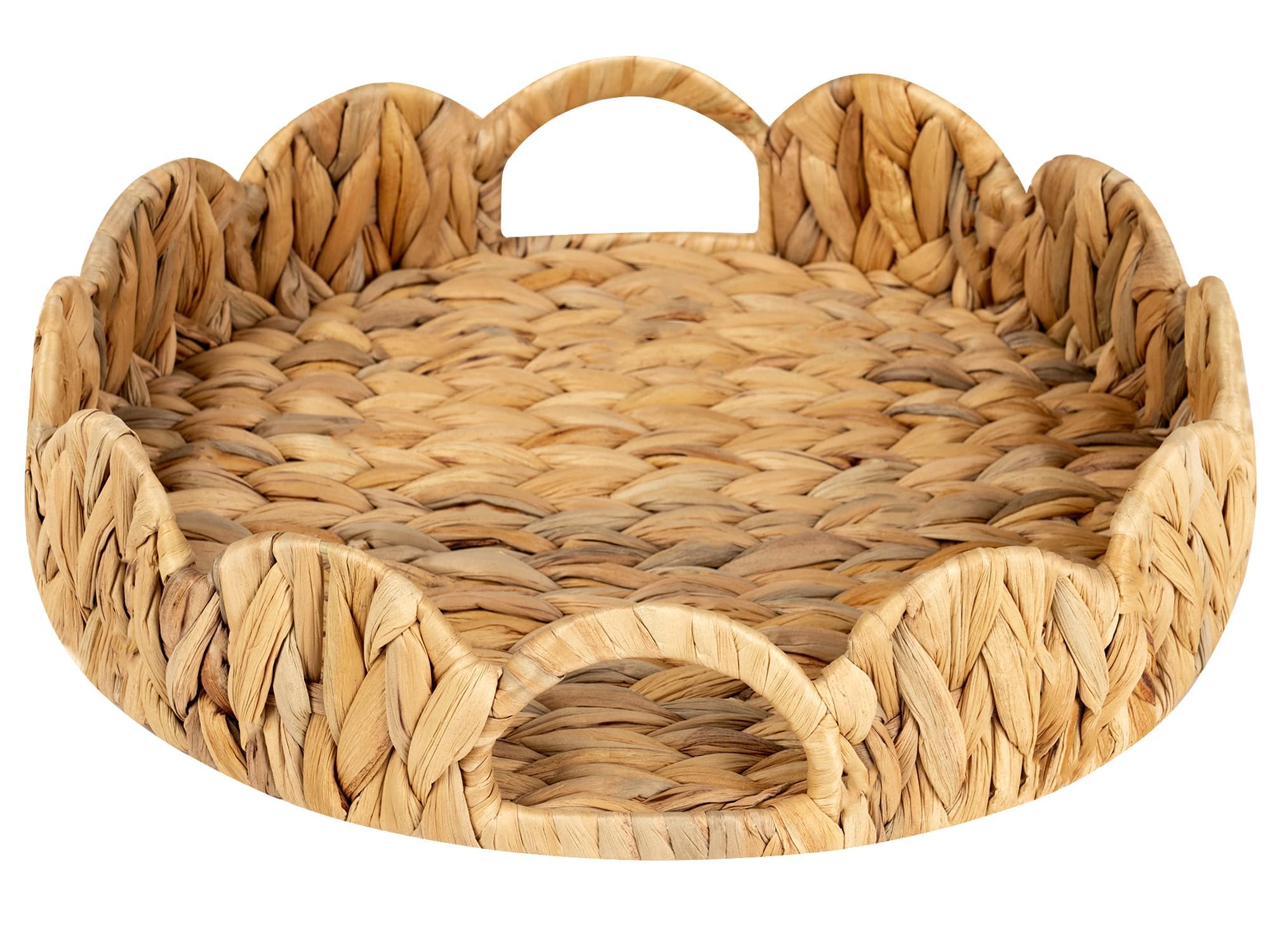 StorageWorks Scalloped Tray, Round Basket Tray Wicker Rattan Serving Tray with Handles, Scallop Basket Table D  cor Trays, Water