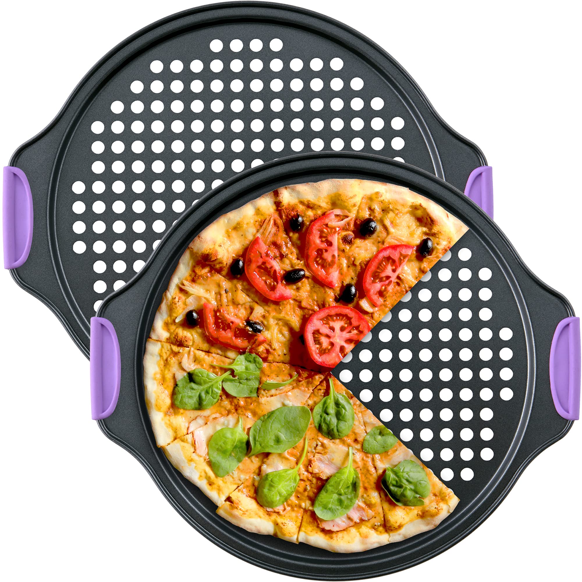 Amazing Abby - Chef Stacy - 2-Pack 13-Inch Non-Stick Pizza Pan With Holes, Perforated Pizza Crisper With Heat-Resistant Silicone