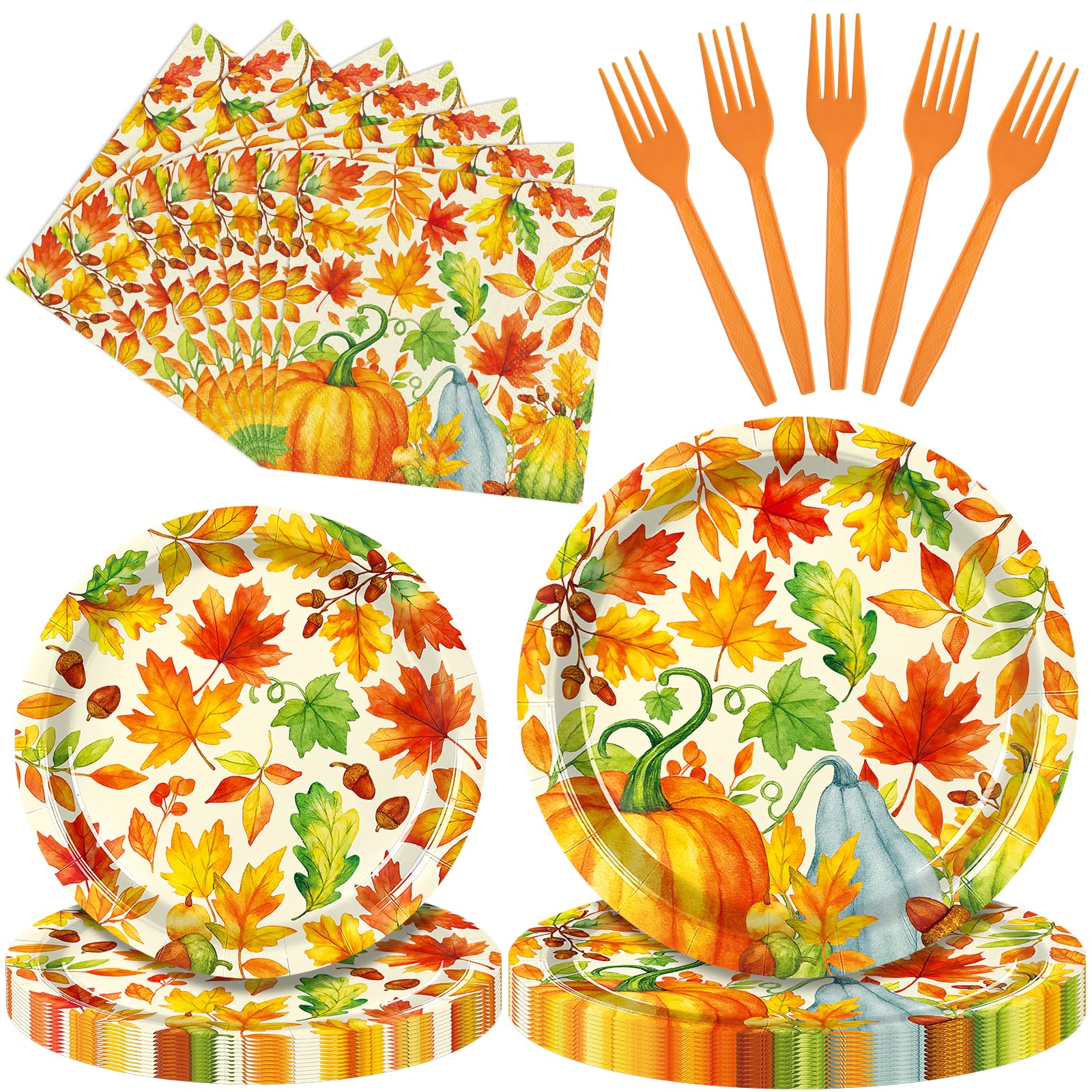 Temicle 96 Pieces Fall Thanksgiving Tableware Set - Pumpkin and Autumn Leaves Disposable Plates, Napkins, and Forks Party Suppli