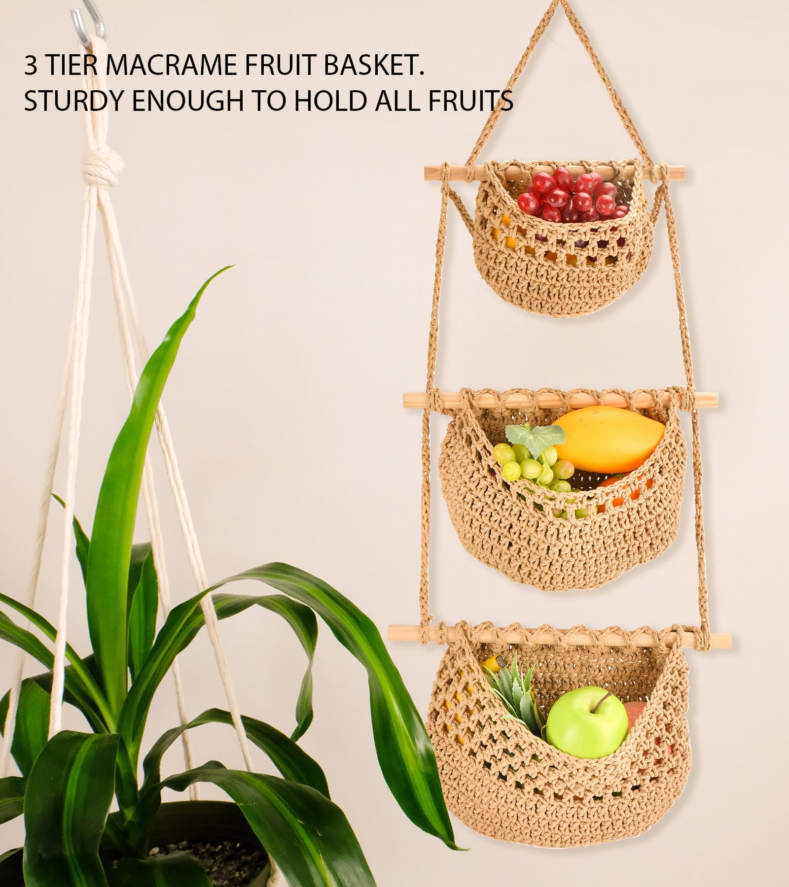 S Syxspecial 3 Tier Hanging Baskets For Organizing, Woven Jute Wall Fruit Basket, Hanging Storage Basket For Child Toys, Boho Wa