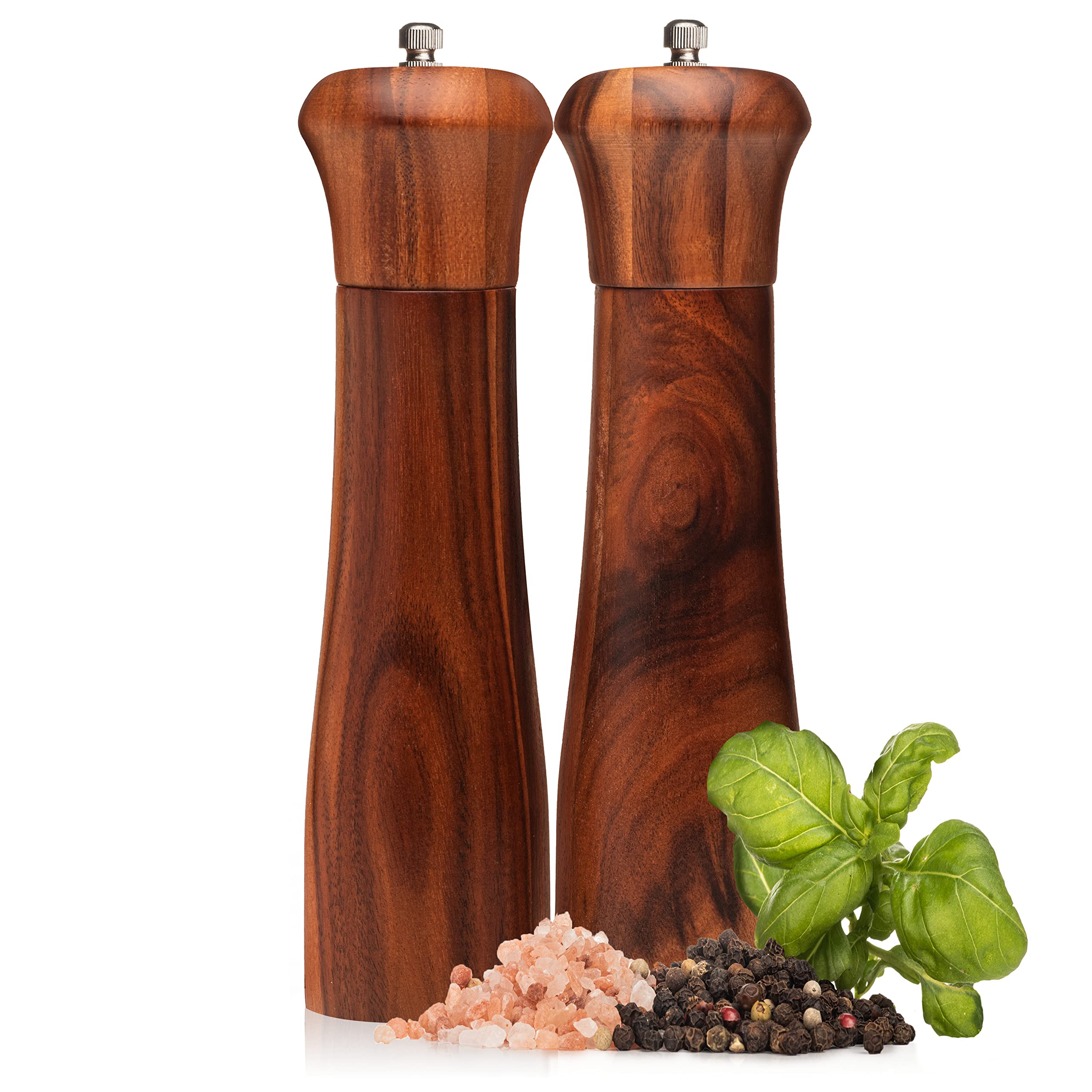 Wooden Salt And Pepper Grinder Set - Premium Acacia Wood Grinders With Adjustable Ceramic Grinding Mechanism - 8 Inch Refillable