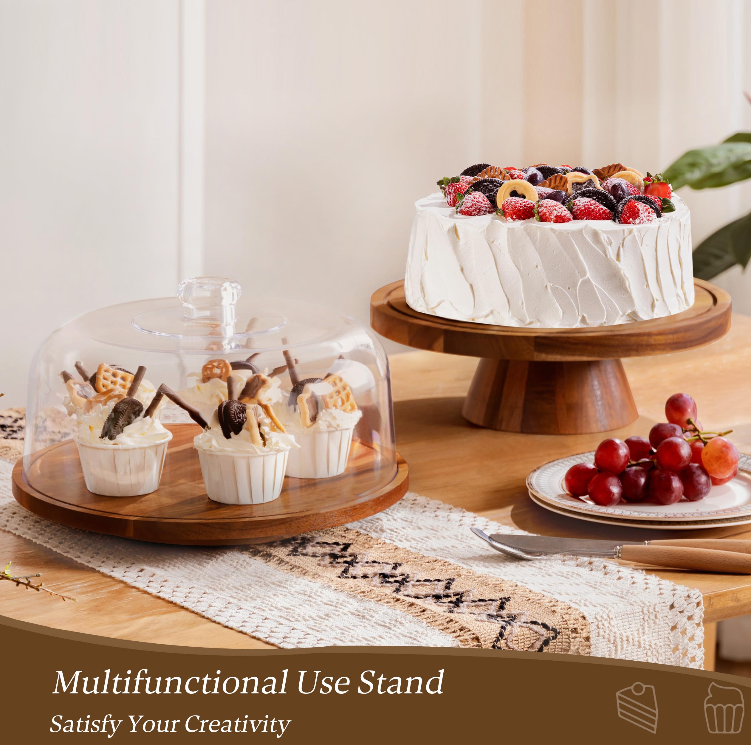 Hblife Cake Stand With Lid Rotating Cake Stand With Acrylic Dome Acacia Wood Cake Plate Display With Cover For Baking Gifts, Bir