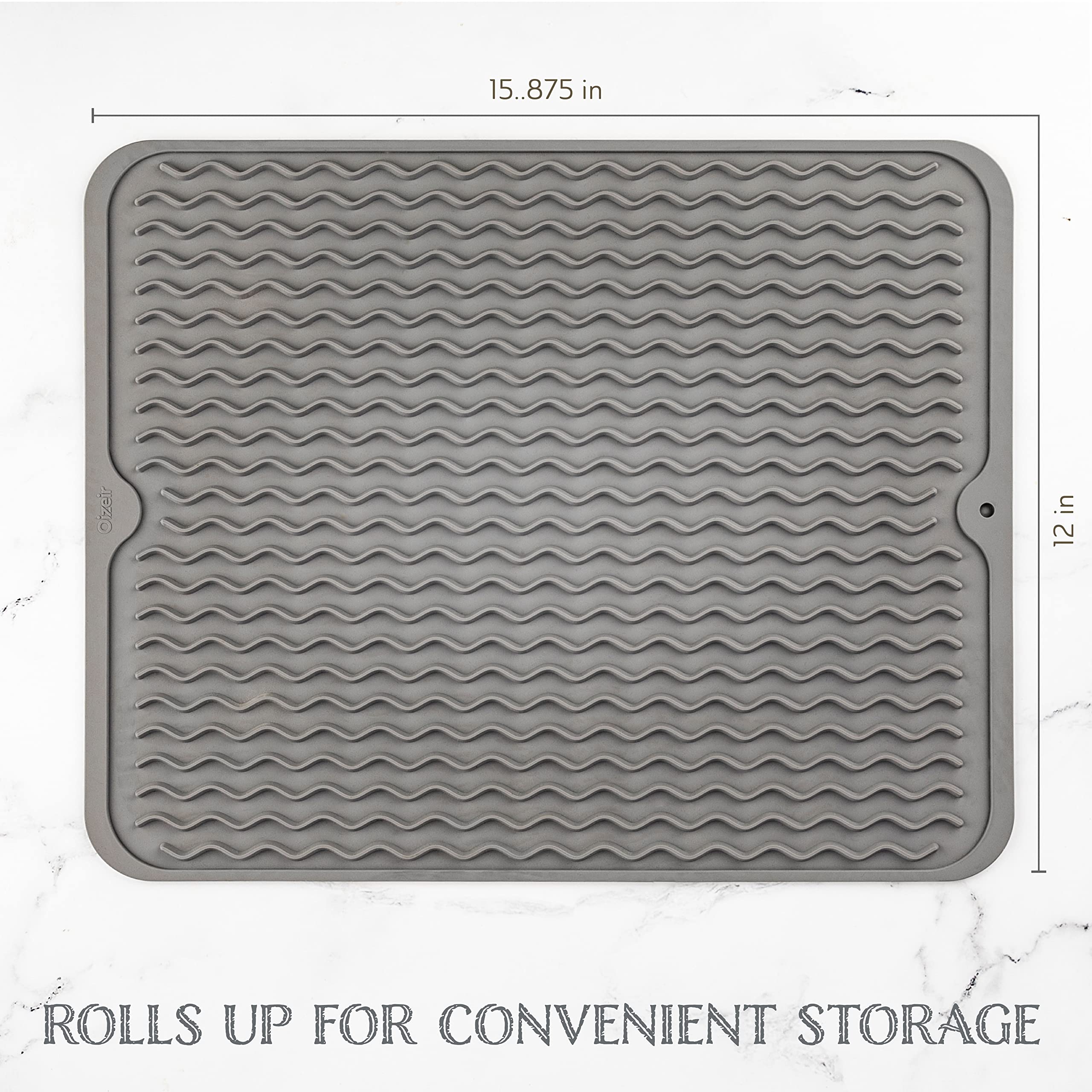 Oizeir Silicone Dish Drying Mat - Drain Hole, Non-Slip, Heat Resistant, Foldable. Great For Dishes, Kitchen Sink, Counter Top, F