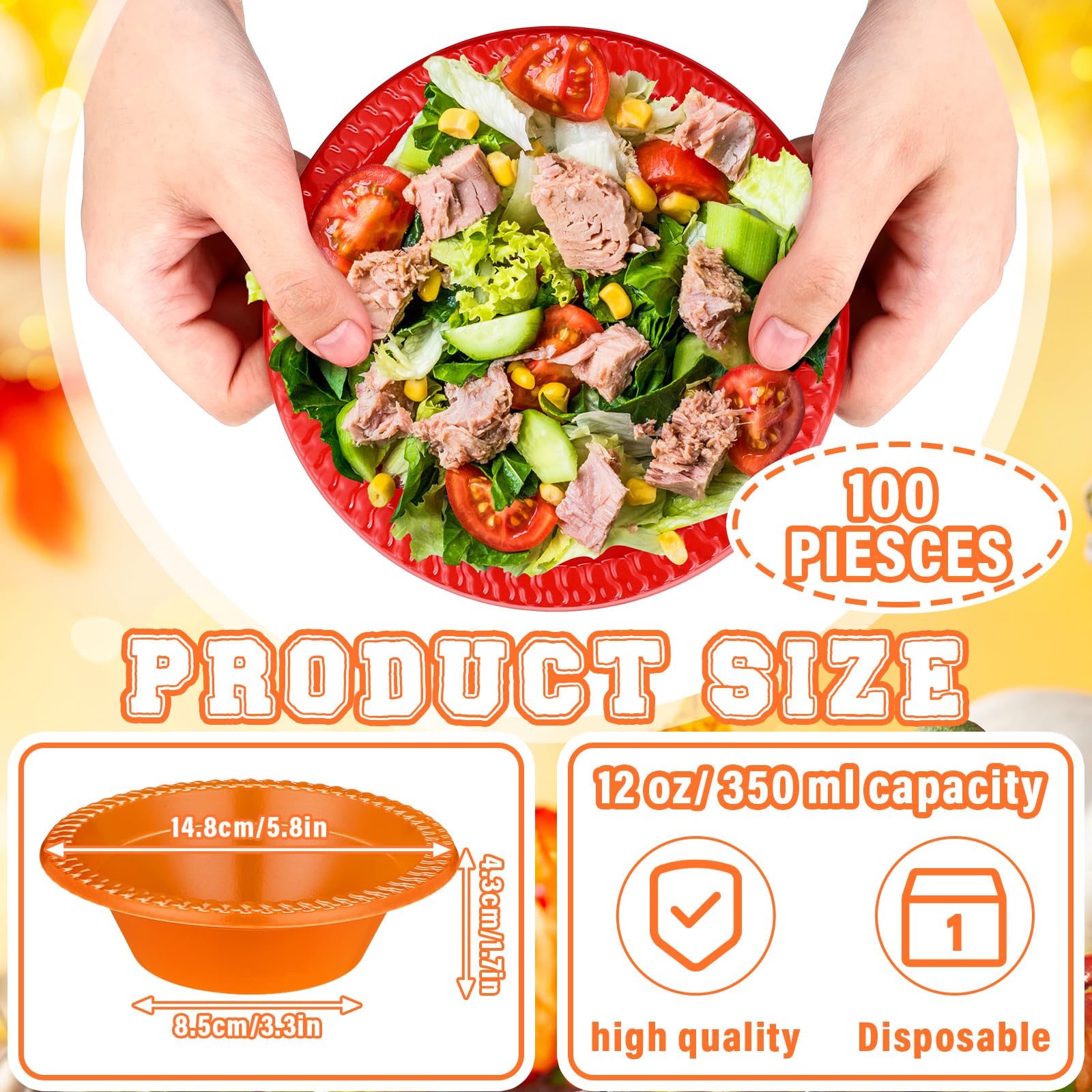 Layhit 100 Pcs Thanksgiving Plastic Bowls 12 oz Disposable Salad Yellow Red Orange Plastic Serving Autumn Party Supplies Candy S