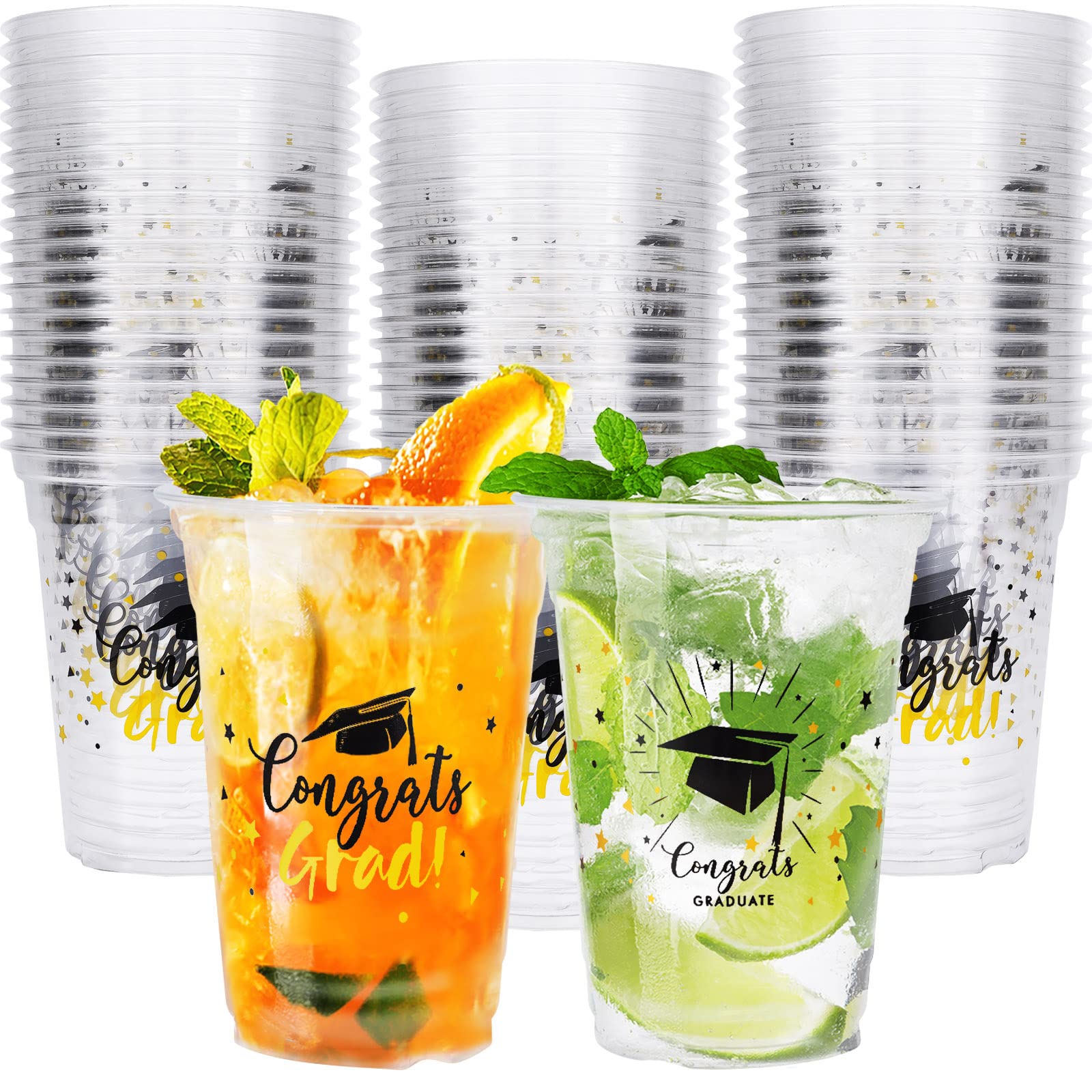 Whaline 2026 Graduation Plastic Cup 12oz Congrats Grad Disposable Cups Black Gold Clear Drinking Cups for Coffee Juice Hot Cold 